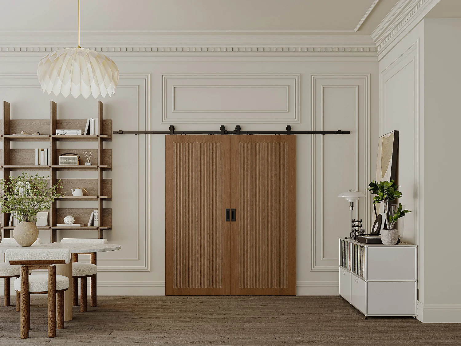 Drzwi przesuwne naścienne podwójne z MDF i drewna naturalny ciemny - 2 x wys. 205 x szer. 73 cm - SANDORA 3363462 - obrazek 1