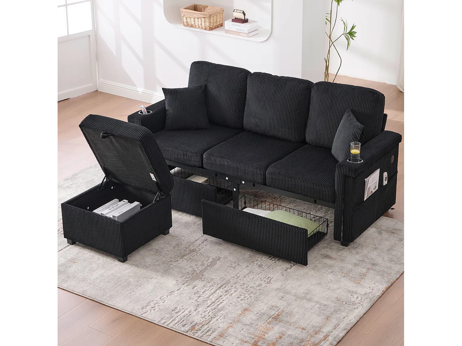 Czarna sofa 4-osobowa - Sofa narożna z oświetleniem LED i podnóżkiem ze schowkiem - uchwyt na kubek i boczne kieszenie - sztruks 4519313 - obrazek 1