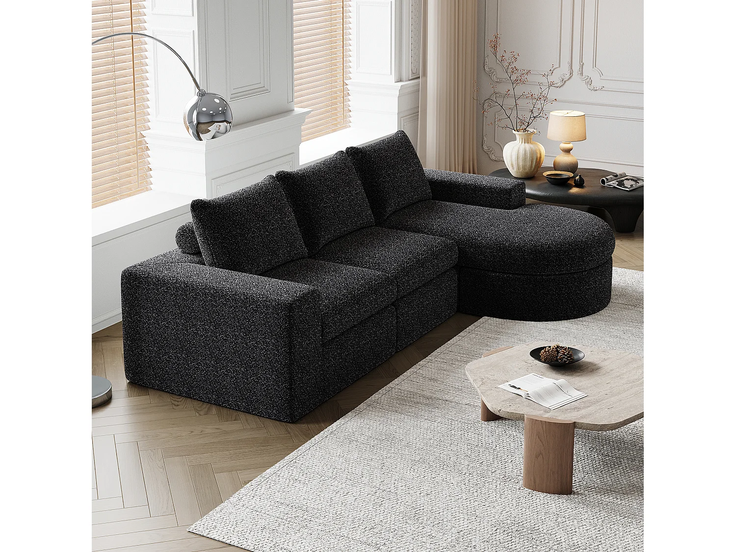 Czarna sofa narożna - Sofa 3-osobowa z 3 poduszkami i 2 zagłówkami - szenil 4520054 - obrazek 1