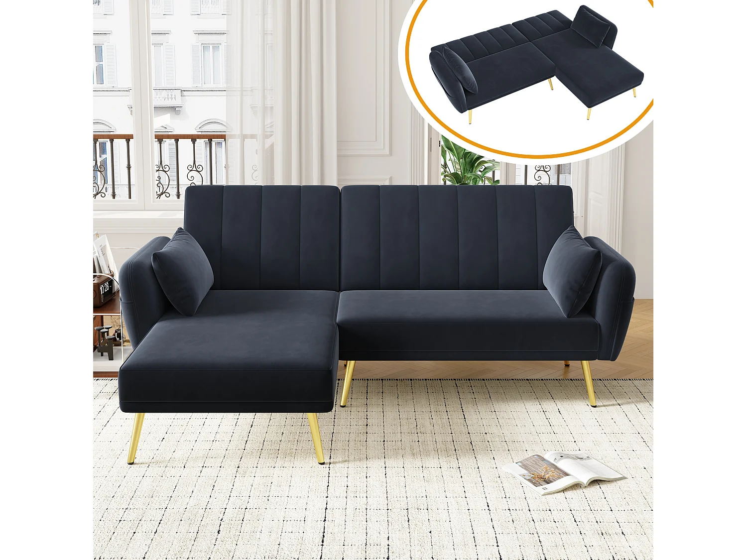 Czarna sofa narożna - Sofa 3-osobowa z 3-stopniowo regulowanym oparciem i bocznymi kieszeniami - aksamit 4520057 - obrazek 1