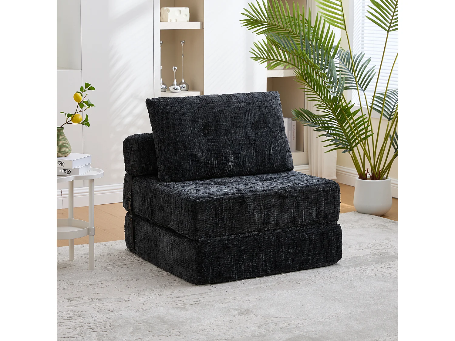 Czarna sofa 1-osobowa - Sofa składana z oparciem i poduszkami - szenil 4520063 - obrazek 1
