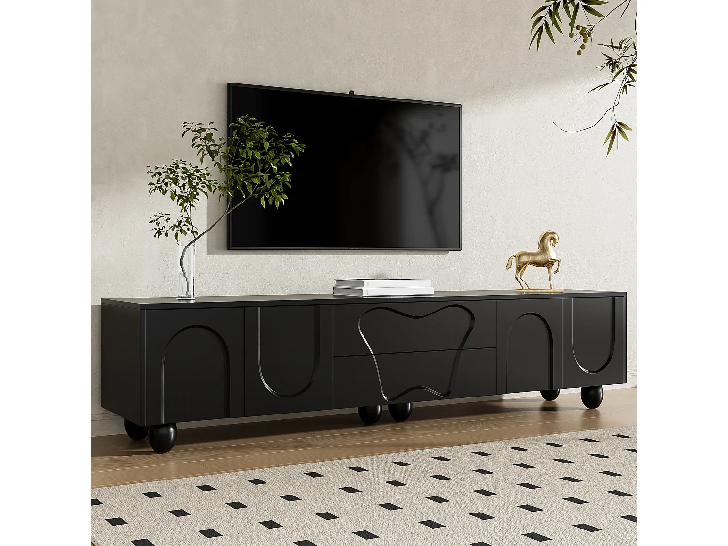 Czarny stolik pod TV – stolik pod TV z 2 szufladami i 2 drzwiami – Okrągłe nogi z litego drewna 4520216