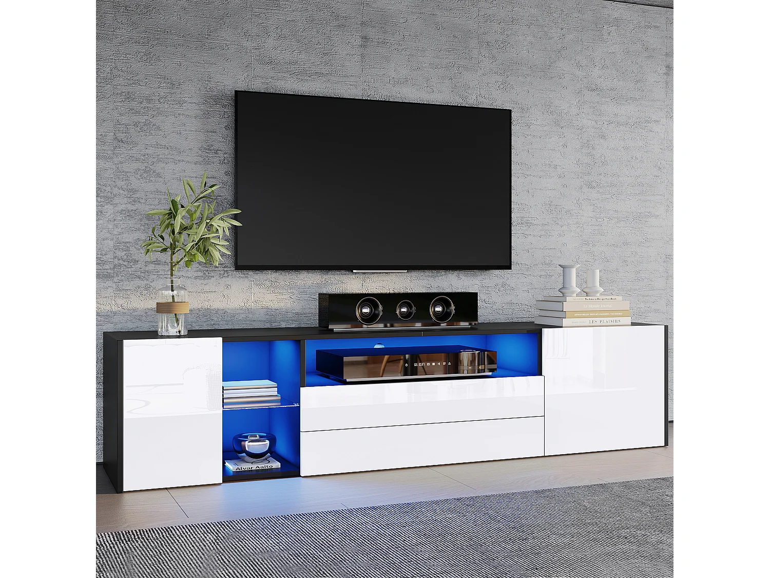 Czarno-biały stolik pod TV z oświetleniem LED - stolik pod TV z 2 szufladami i 2 drzwiami - 3 otwarte schowki 4520220 - obrazek 1