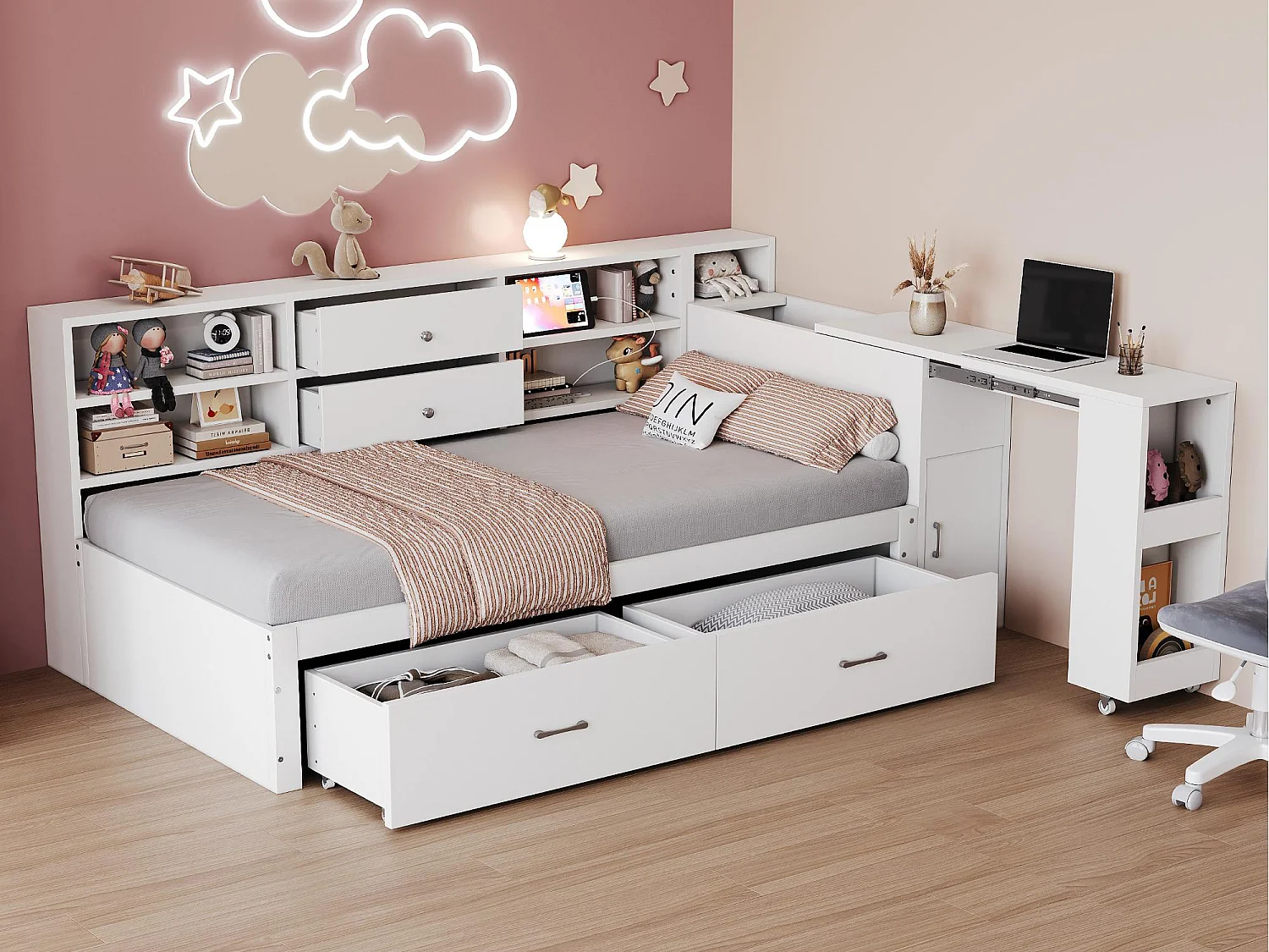 Drewniana sofa rozkładana 90x200cm – ukryte przechowywanie + półka – z 4 szufladami – gniazdo wielofunkcyjne – wysuwane biurko – biały 4520913