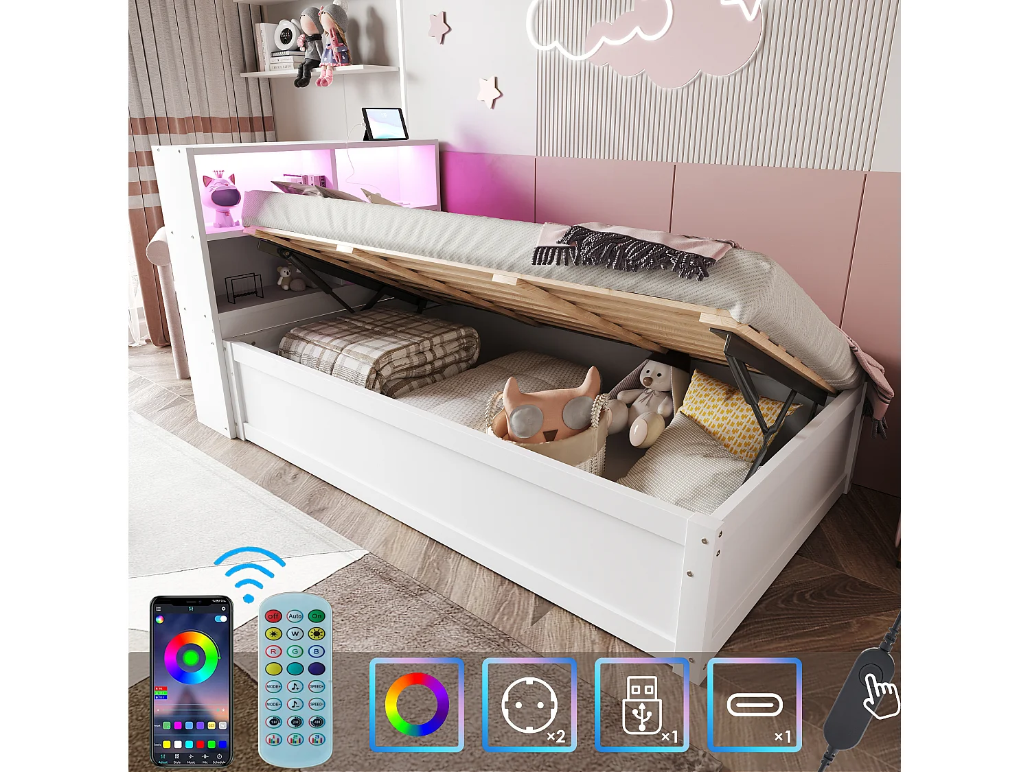 Łóżko z pojemnikiem 90x200 cm z oświetleniem LED i gniazdem USB, listwy drewniane, białe - bez materaca 4521034 - obrazek 1