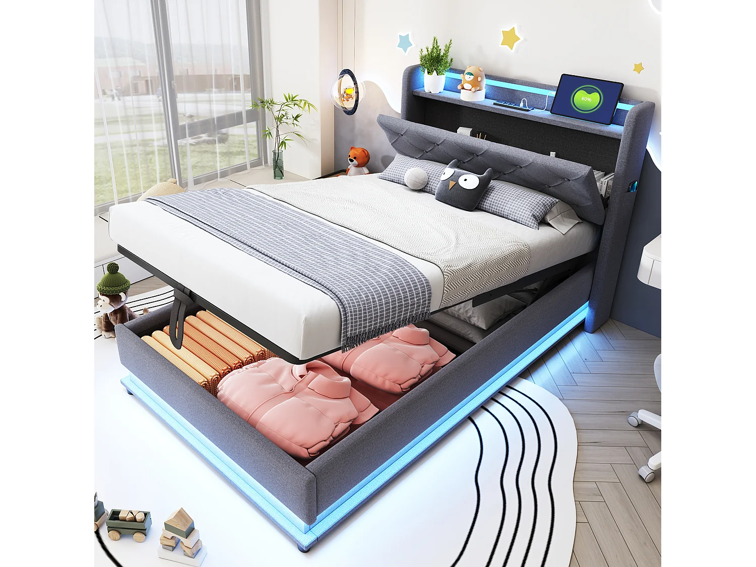 Łóżko z pojemnikiem 90x200 cm z portem USB i diodą LED, zagłówek ze schowkiem, len szary - bez materaca 4529517 - obrazek 1