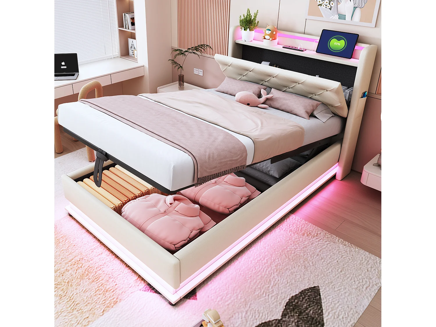 Łóżko z pojemnikiem 90x200 cm z portem USB i diodą LED, zagłówek ze schowkiem, len beżowy - bez materaca 4529516 - obrazek 1
