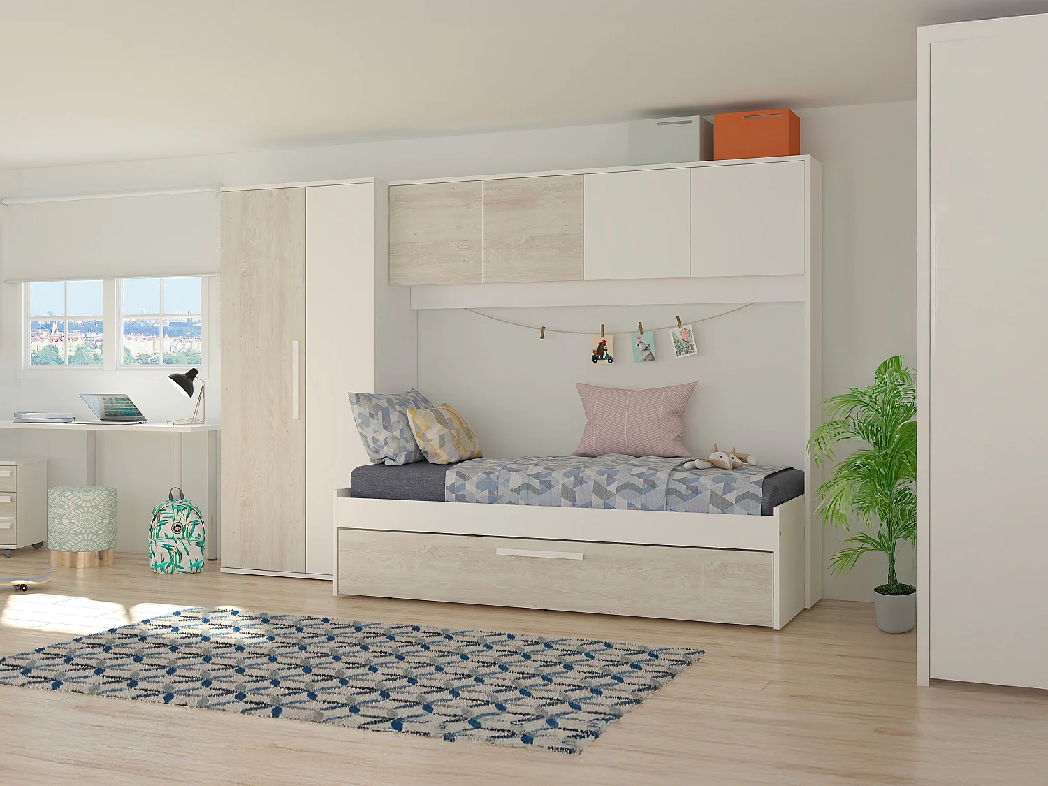 Łóźko wysuwane 2 x 90 x 200 cm - Z szafą - Białe i naturalne - LUMOKA 4379200 - obrazek 1