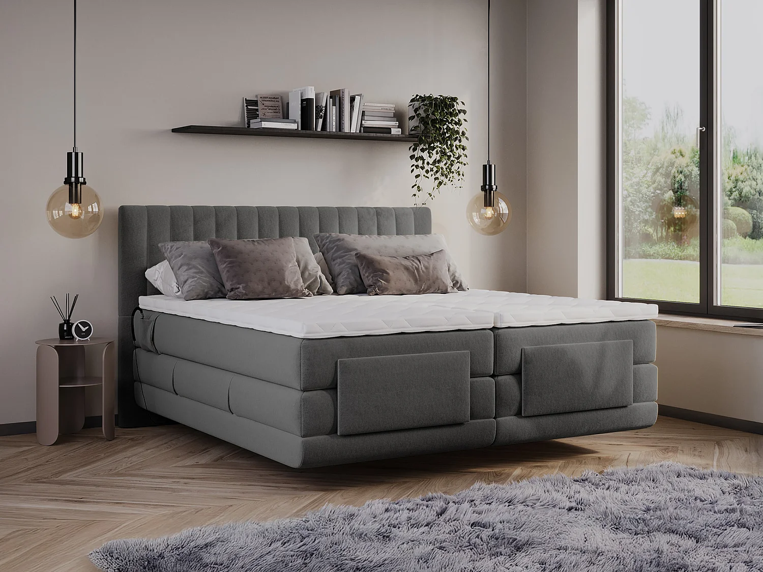 Kompletny zestaw łóżka kontynentalne z zagłówkiem z pionowymi przeszyciami + stelaż z elektryczną regulacją + materac + topper - 2 x 90 x 200 cm - Welur - Antracyt - DONISI od PALACIO 4168909 - obrazek 1