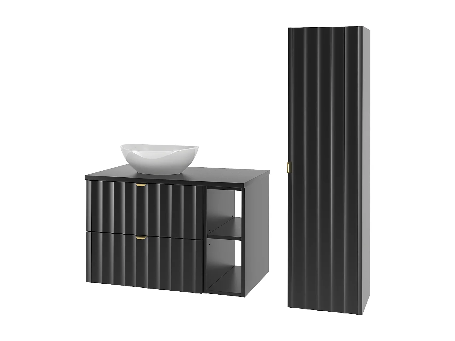 Czarny Zestaw Łazienkowy 80cm Szafka z Blatem Regał Umywalka Słupek Ryflowane Fronty Arcos 4580039 - obrazek 1