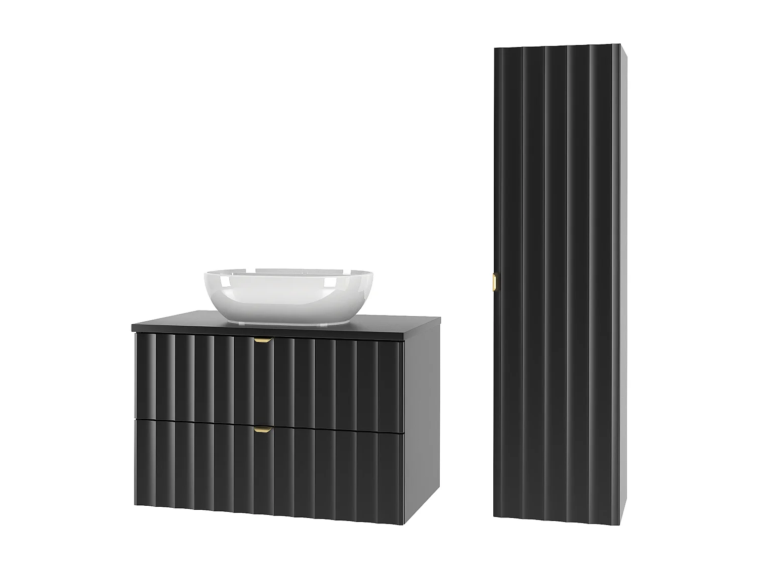 Czarny Zestaw Łazienkowy 80cm Szafka z Blatem Umywalka Słupek Ryflowane Fronty Arcos 4580065 - obrazek 1