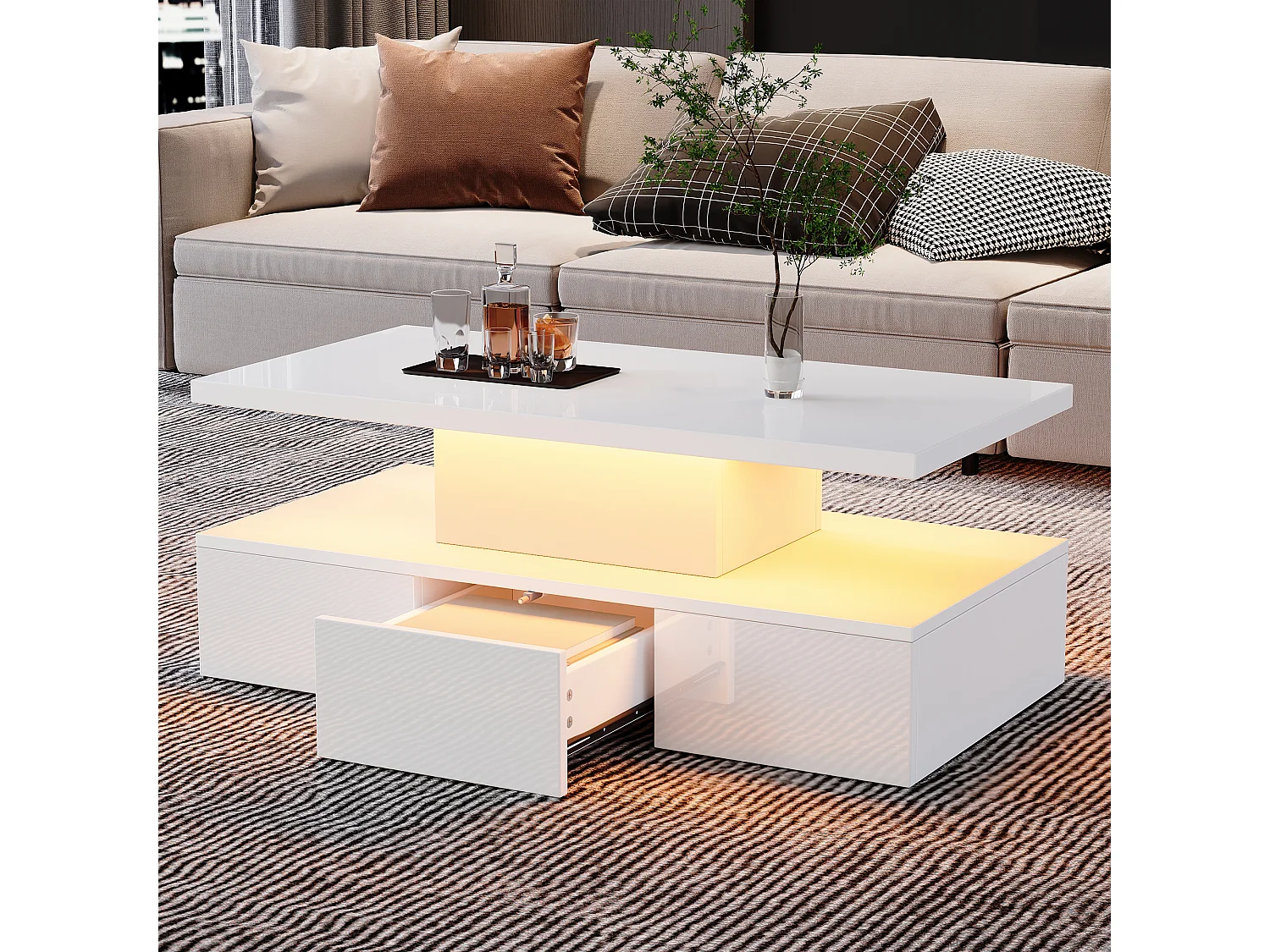 Dwupoziomowy stolik kawowy z połyskiem i diodami LED + otwarta półka + 1 wysuwana szuflada - 100 x 50 x 39 cm - płyta wiórowa - biały 4620616 - obrazek 1