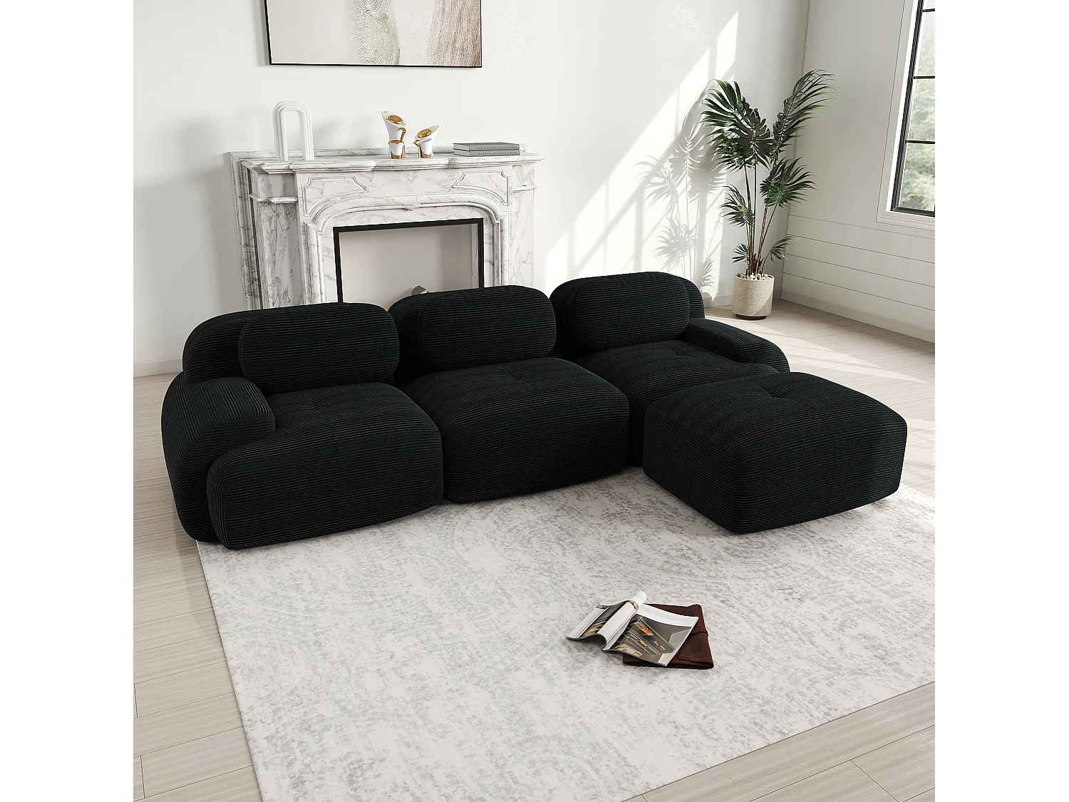 Czarna sofa narożna - sofa 3-osobowa z zaokrąglonymi podłokietnikami i ozdobnymi poduszkami - sztruks 4626515 - obrazek 1