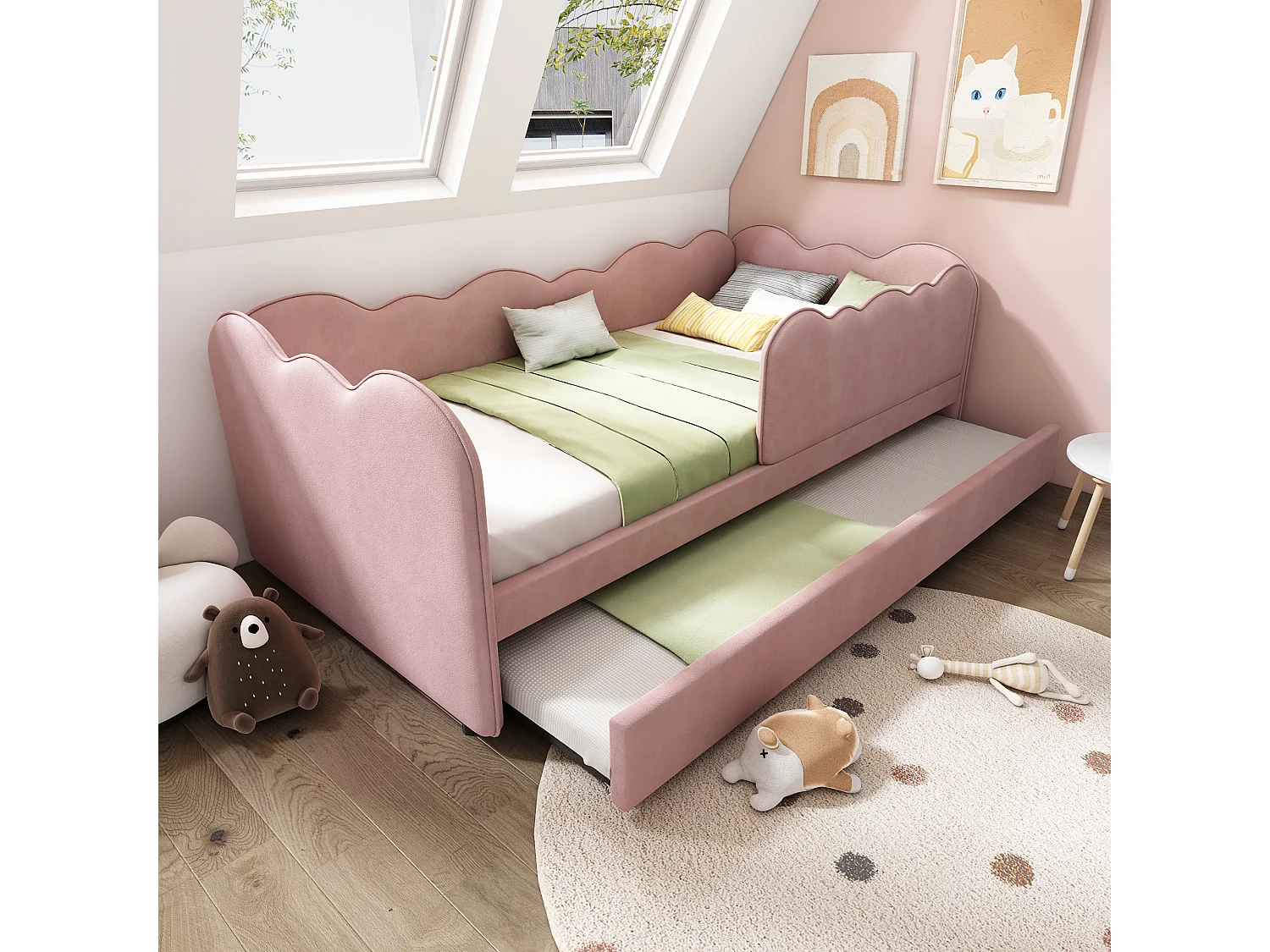 Łóżko wysuwane 90 x 190 cm - Łóżko dziecięce z dnem z listew i kojcem - różowy aksamit - materac nie jest wliczony w cenę 4626580 - obrazek 1