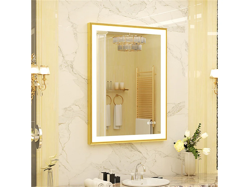 Lustro łazienkowe podświetlane LED anty-fog ze złotą ramą 80x60x4cm 3164931 - obrazek 1