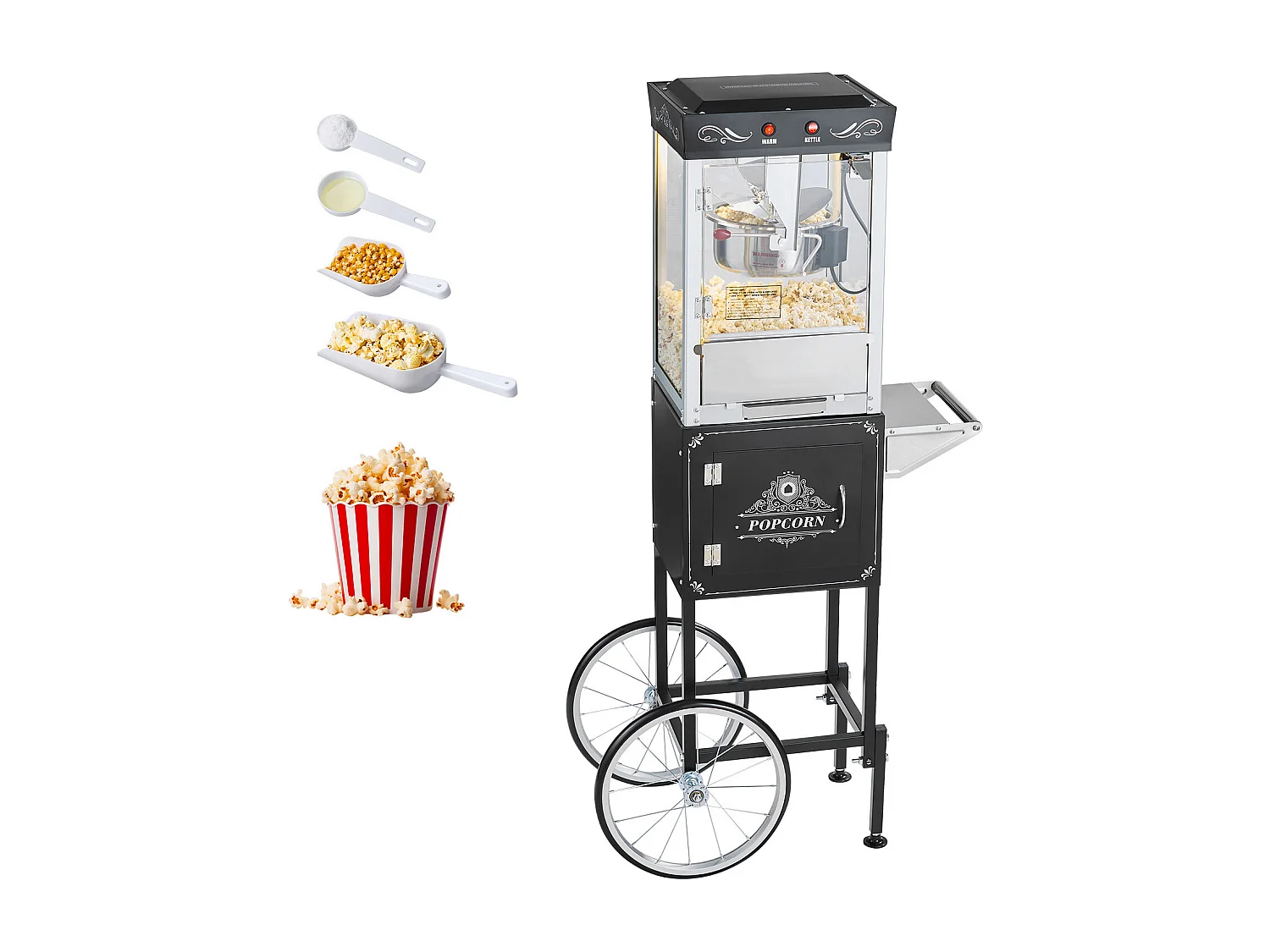Maszyna do Popcornu SucceBuy z Wózkiem, Eksplodująca do Kukurydzy 800 W, Duża Miska ze Stali Nierdzewnej 0,2 kg, 48 Filiżanek na Partię, Ściana Szklana 4631185