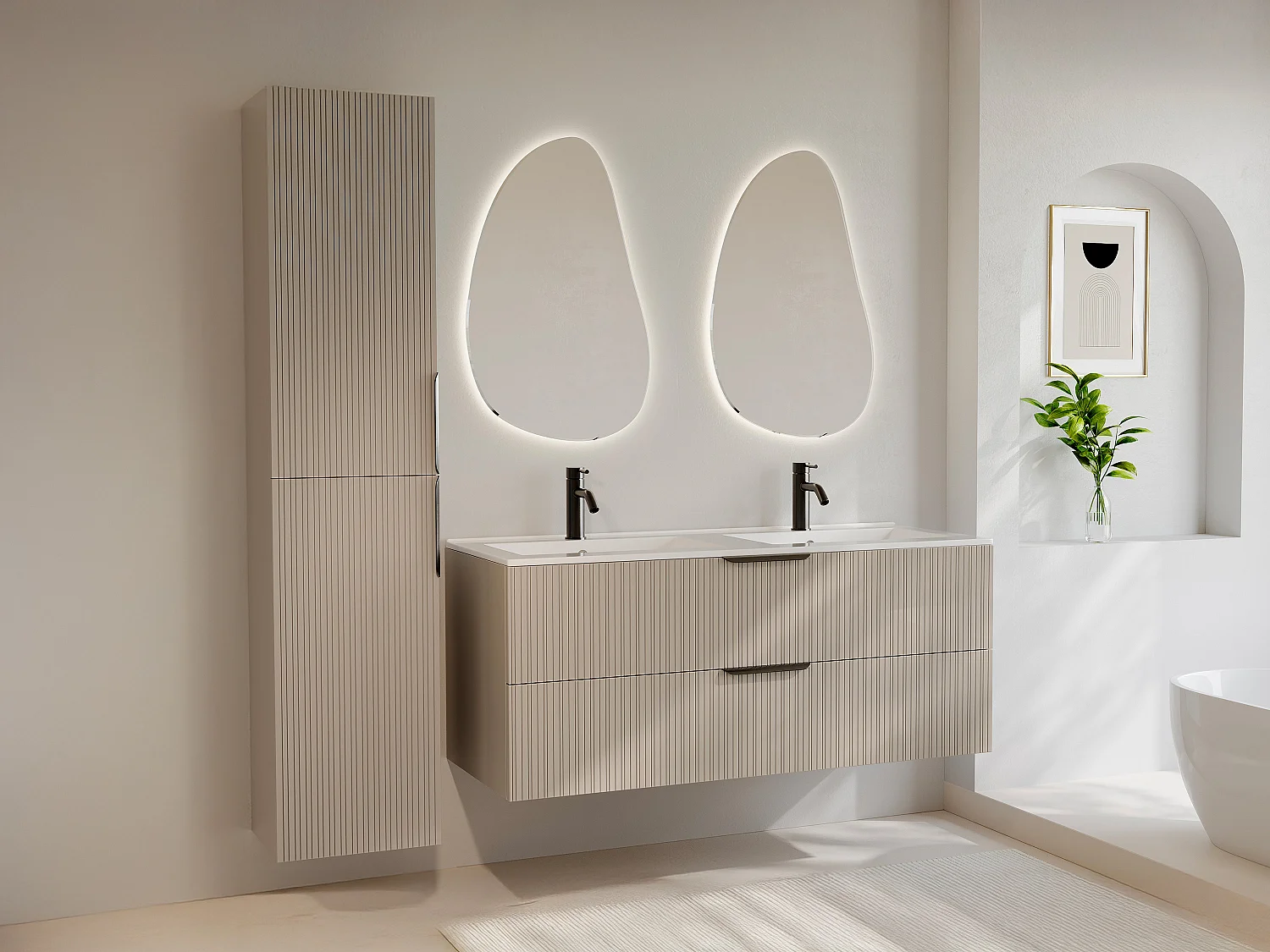 Szafka łazienkowa wisząca prążkowana- Kolor beżowy - H160 cm - DALIKO 3236680 - obrazek 1