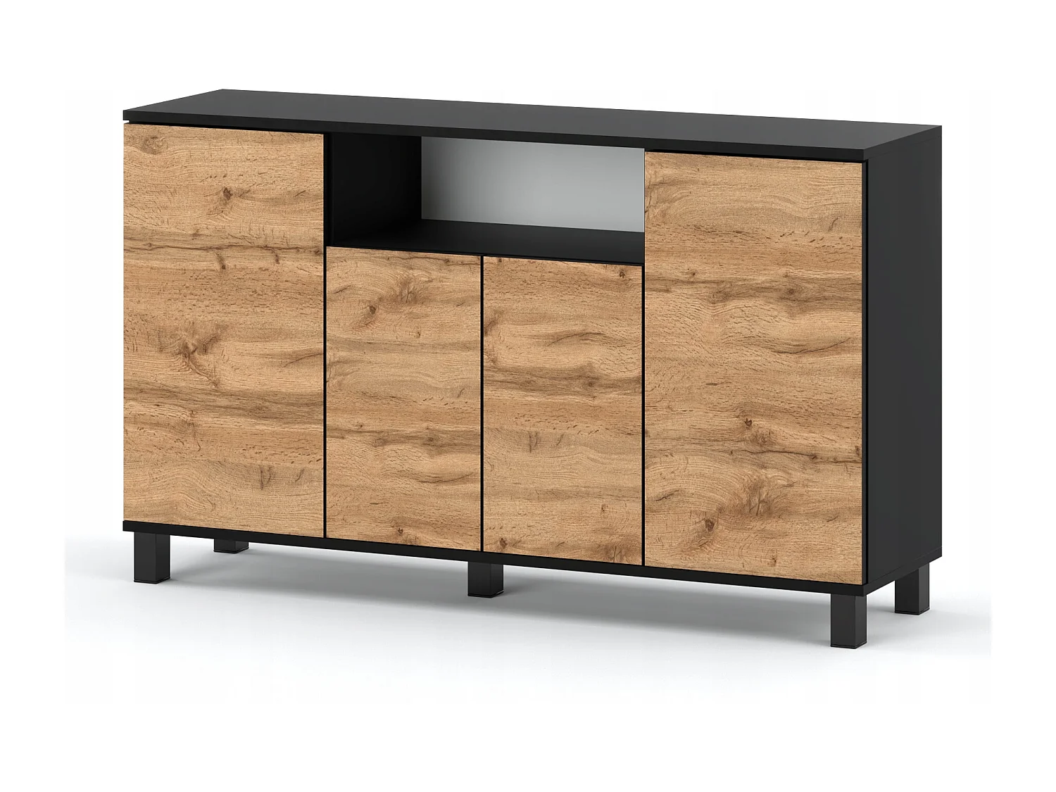Duża Komoda 140 CM Czarny Mat Dąb Wotan Szafka Rtv Meble Do Salonu Sypialni 4659081