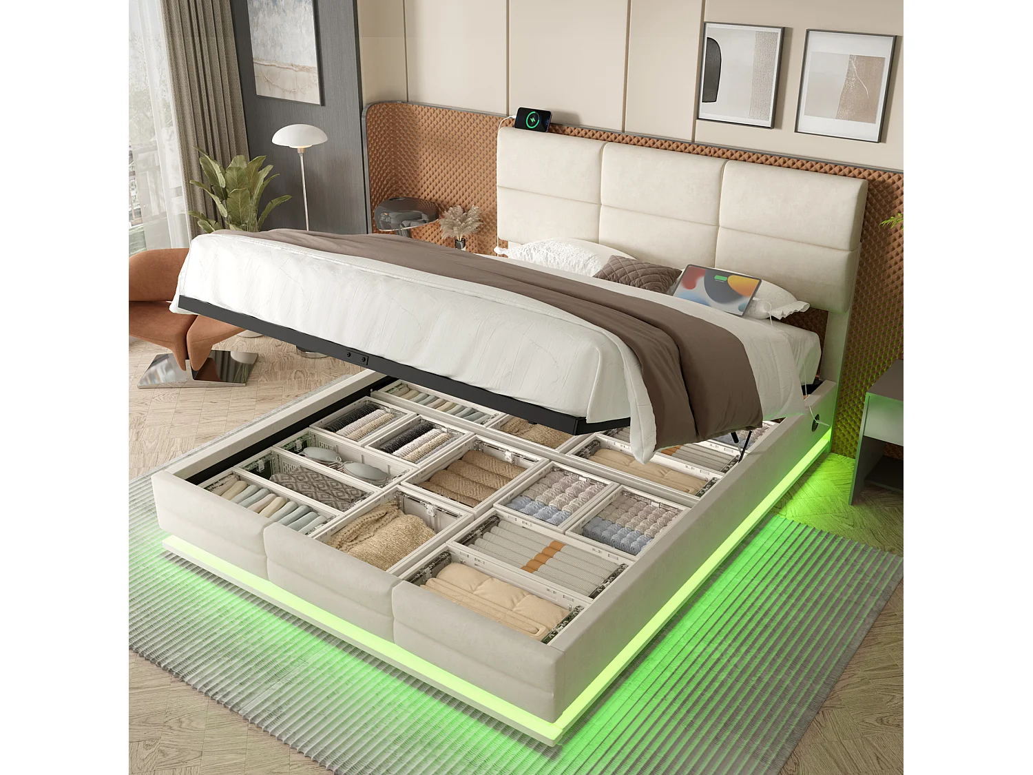 Łóżko z pojemnikiem 140x200 cm z oświetleniem LED i ładowaniem - welur beżowy (bez materaca) 4699291 - obrazek 1