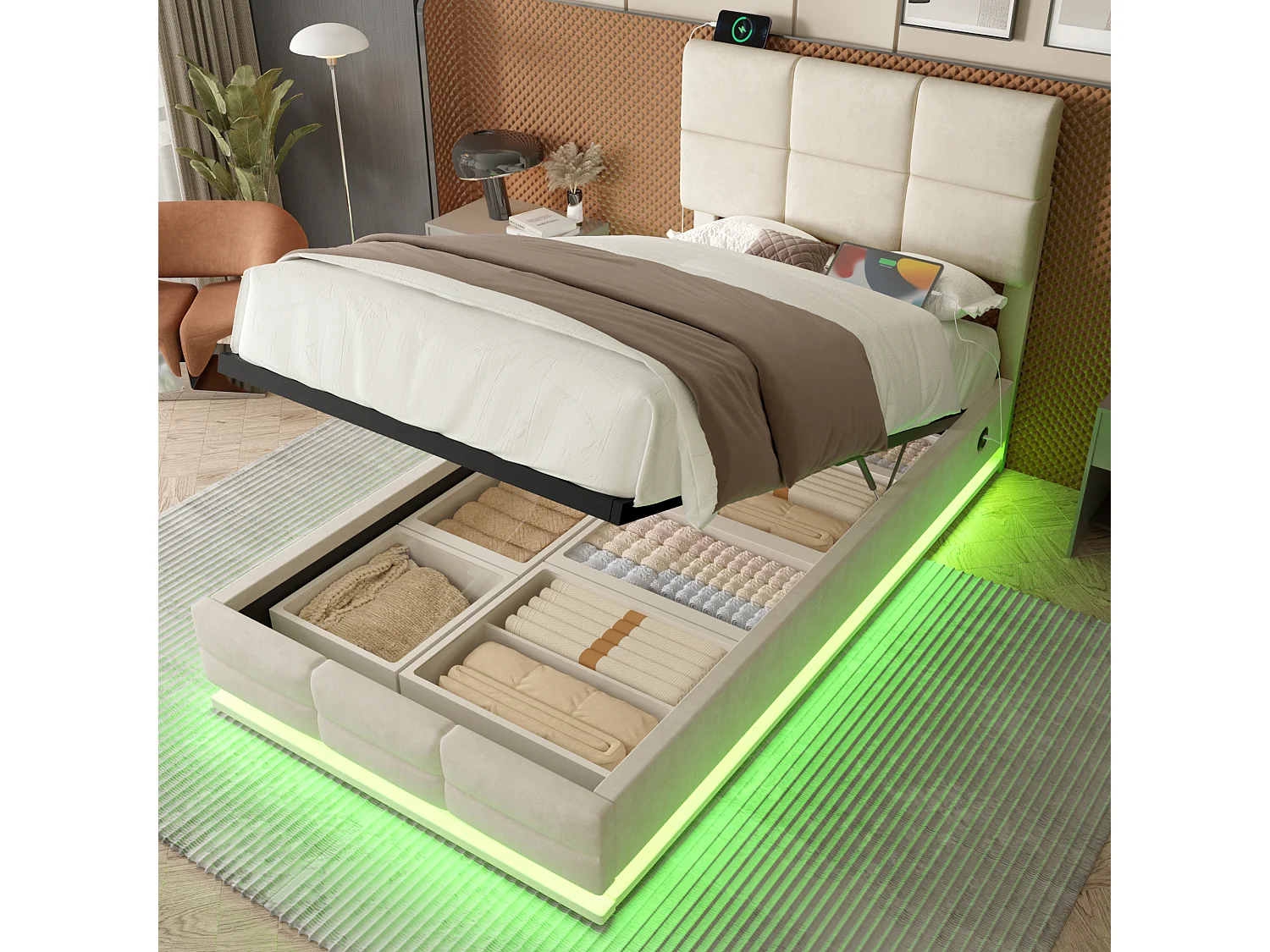 Łóżko z pojemnikiem 90x200 cm z oświetleniem LED i ładowaniem USB - welur beżowy (bez materaca) 4699344 - obrazek 1
