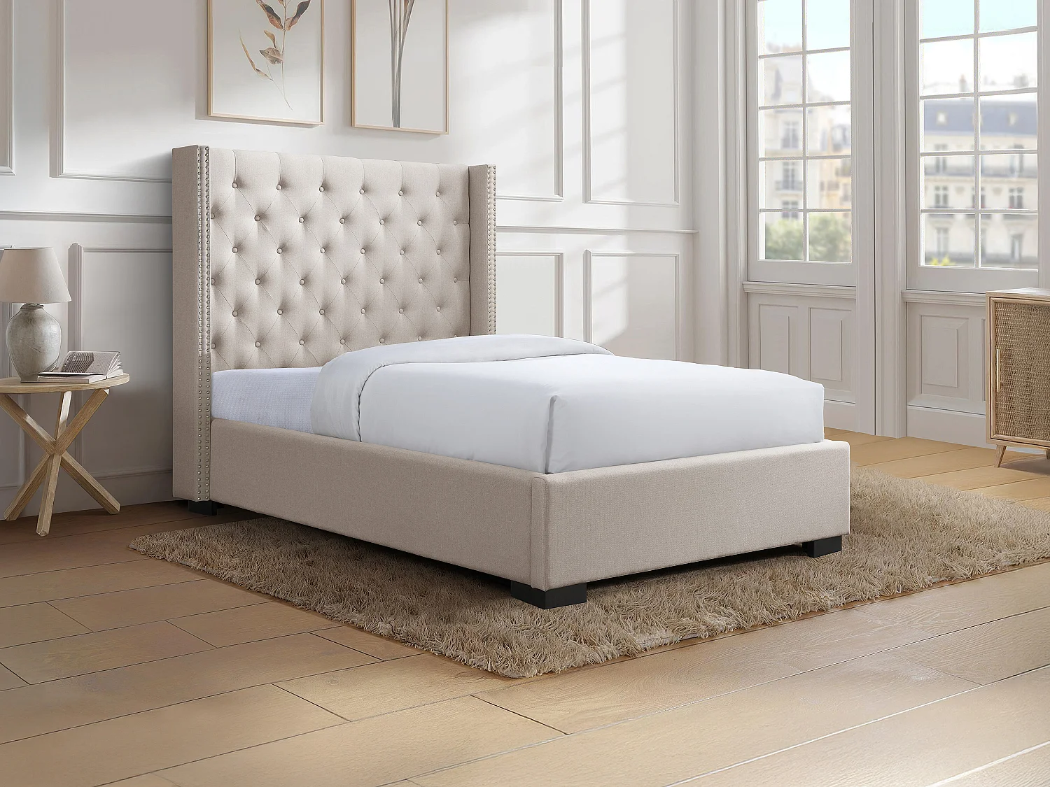Łóżko 120 x 200 cm z pikowanym wezgłowiem – Tkanina – Beżowe + Materac – MASSIMO 4707653