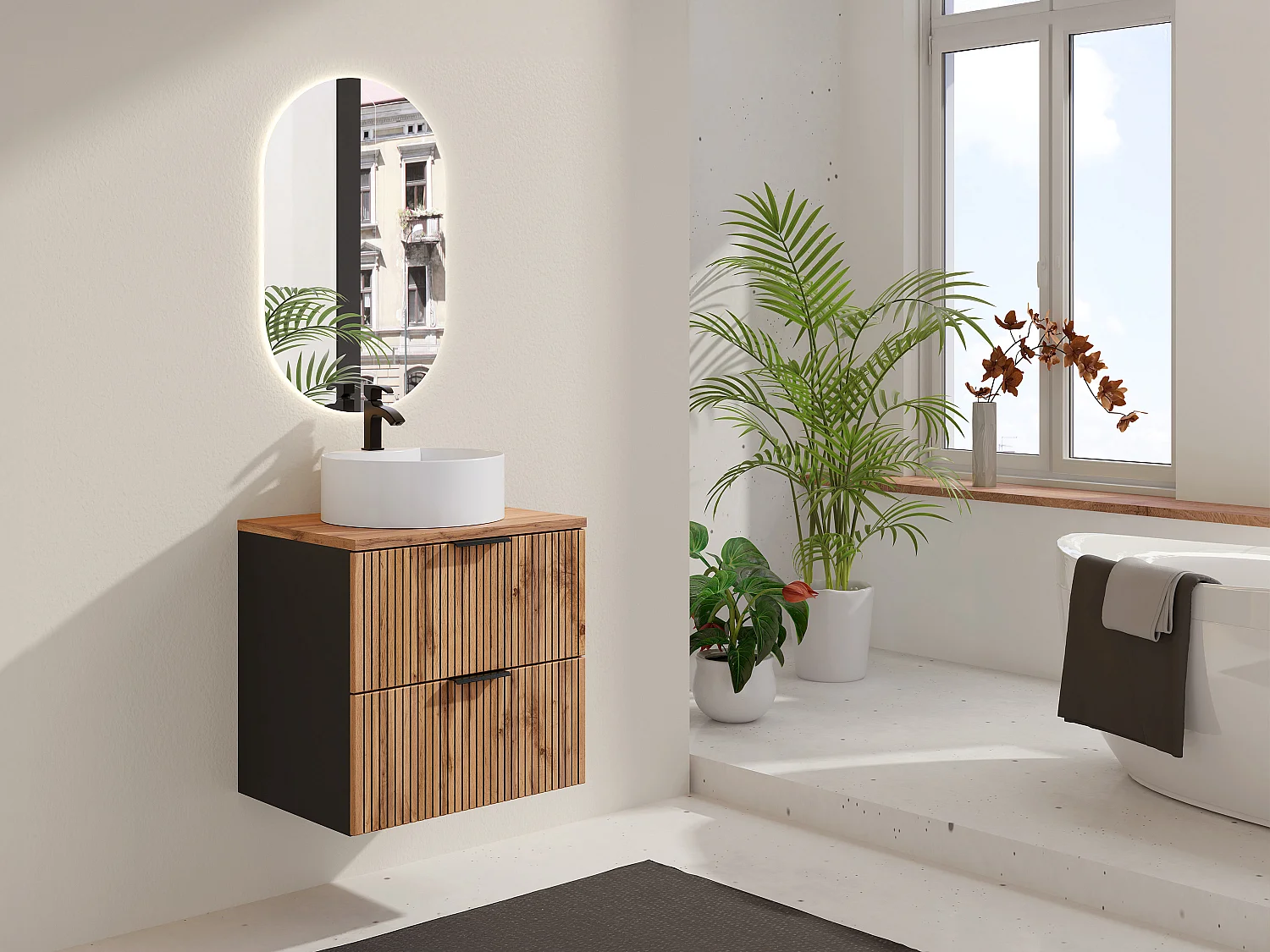 Wisząca szafka łazienkowa z prążkowanym frontem i okrągłą umywalką nablatową – jasny naturalny/ czarny – 60 cm – MADELA 4726299