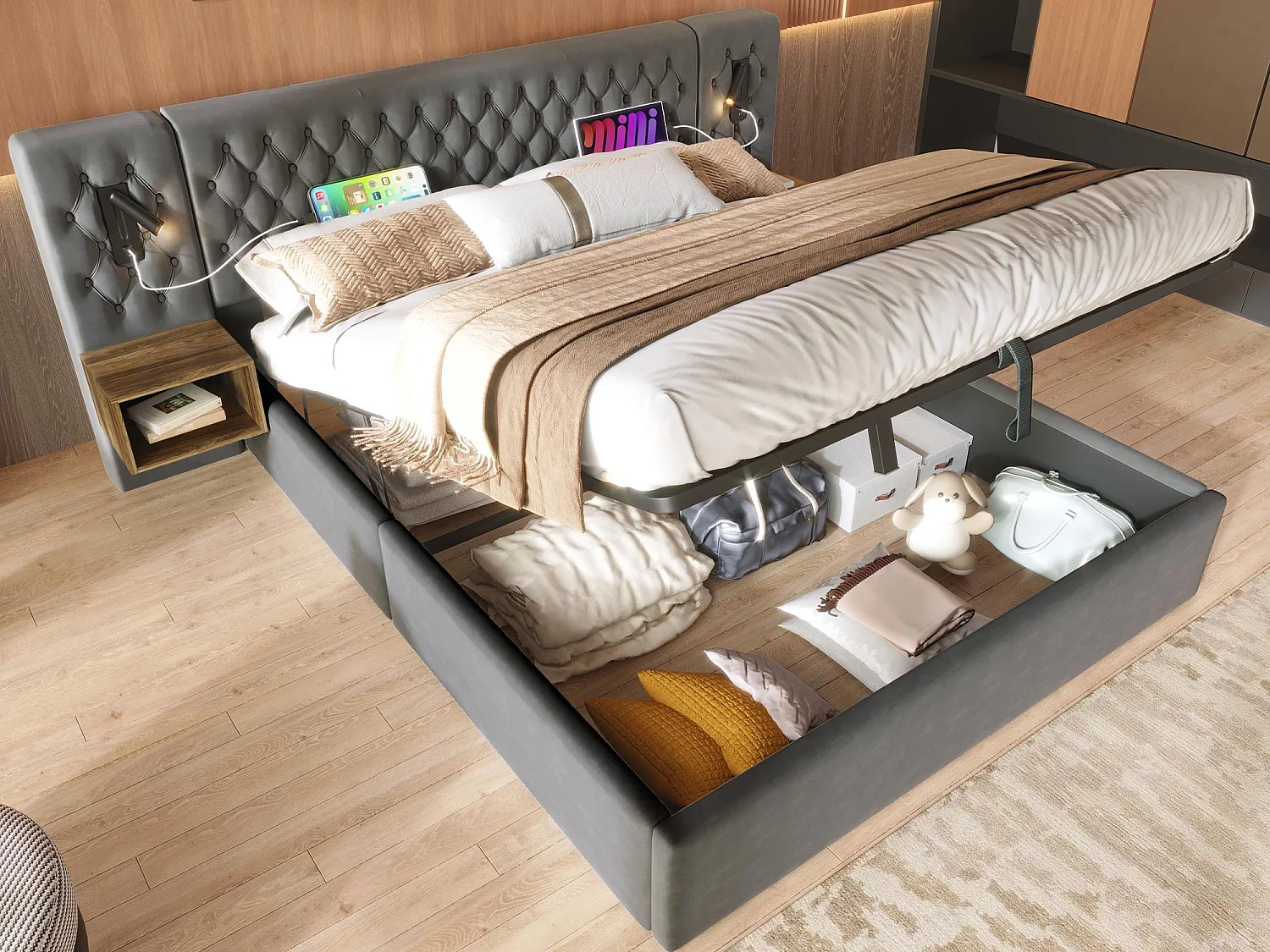 Łóżko z weluru 160x200 cm - 2 nocne stoliki + 2 lampki do czytania z gniazdem USB - Szare (materac nie wchodzi w skład) 3556217 - obrazek 1