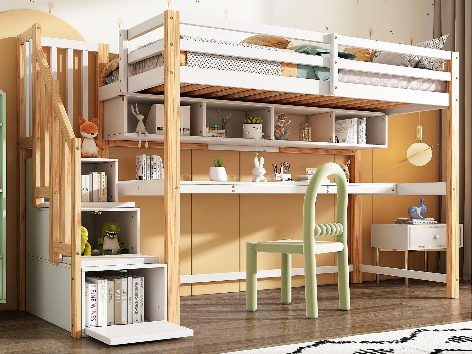 Drewniane łóżko na antresoli 90x200cm – ze schodami do przechowywania + biurkiem + podstawą z listew – Biały i Naturalny 1402359