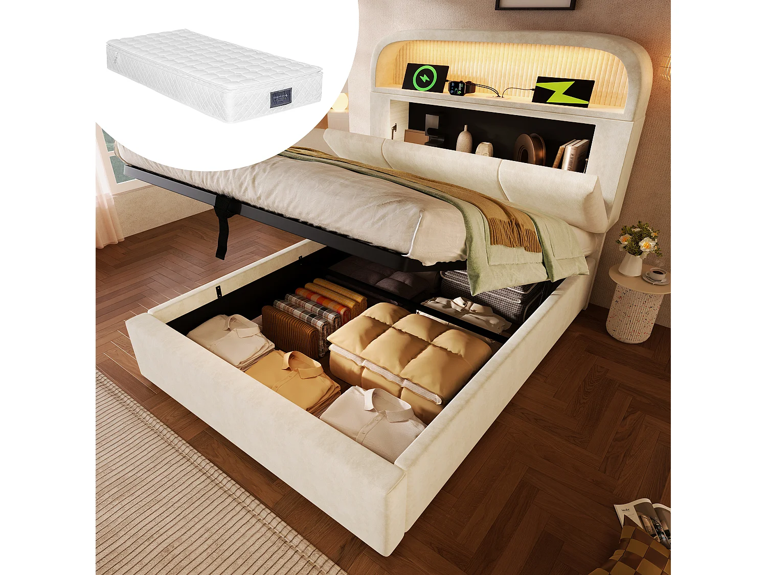 Łóżko z pojemnikiem 90 x 200 cm - łóżko pojedyncze z oświetleniem LED i miejscem do przechowywania - beżowy aksamit - materac w zestawie 4762784 - obrazek 1