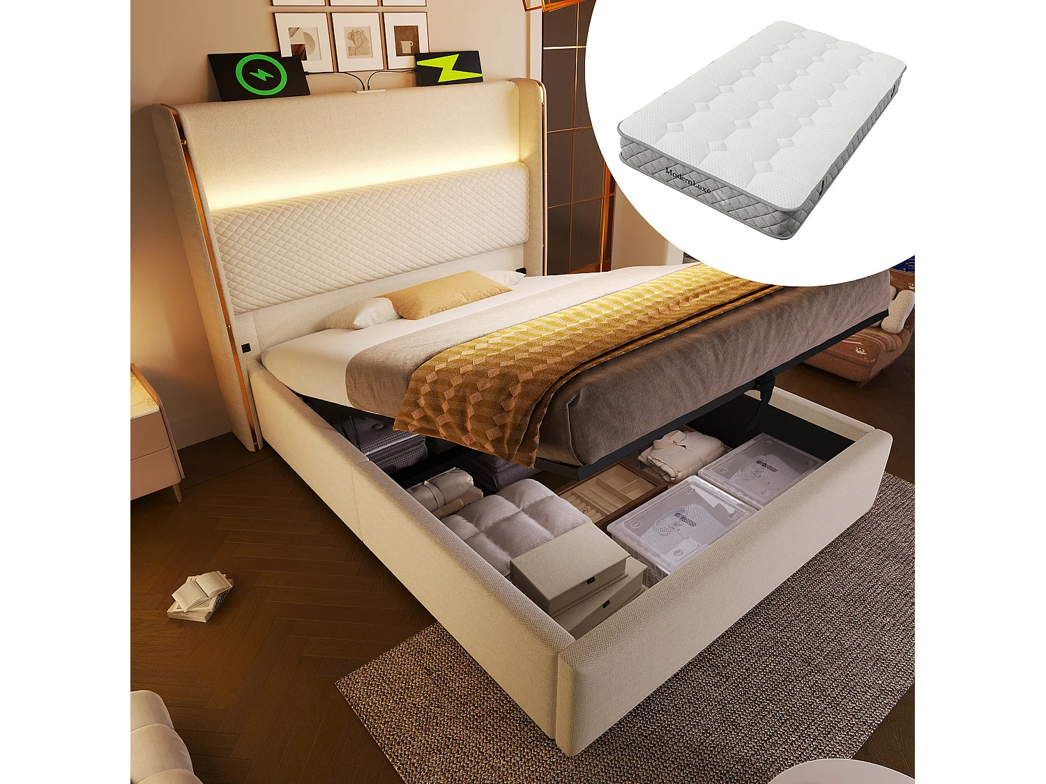 Łóżko z pojemnikiem 90 x 200 cm – łóżko pojedyncze z oświetleniem LED i portami USB/Type-C – beżowa pościel – materac w zestawie 4762783 - obrazek 1