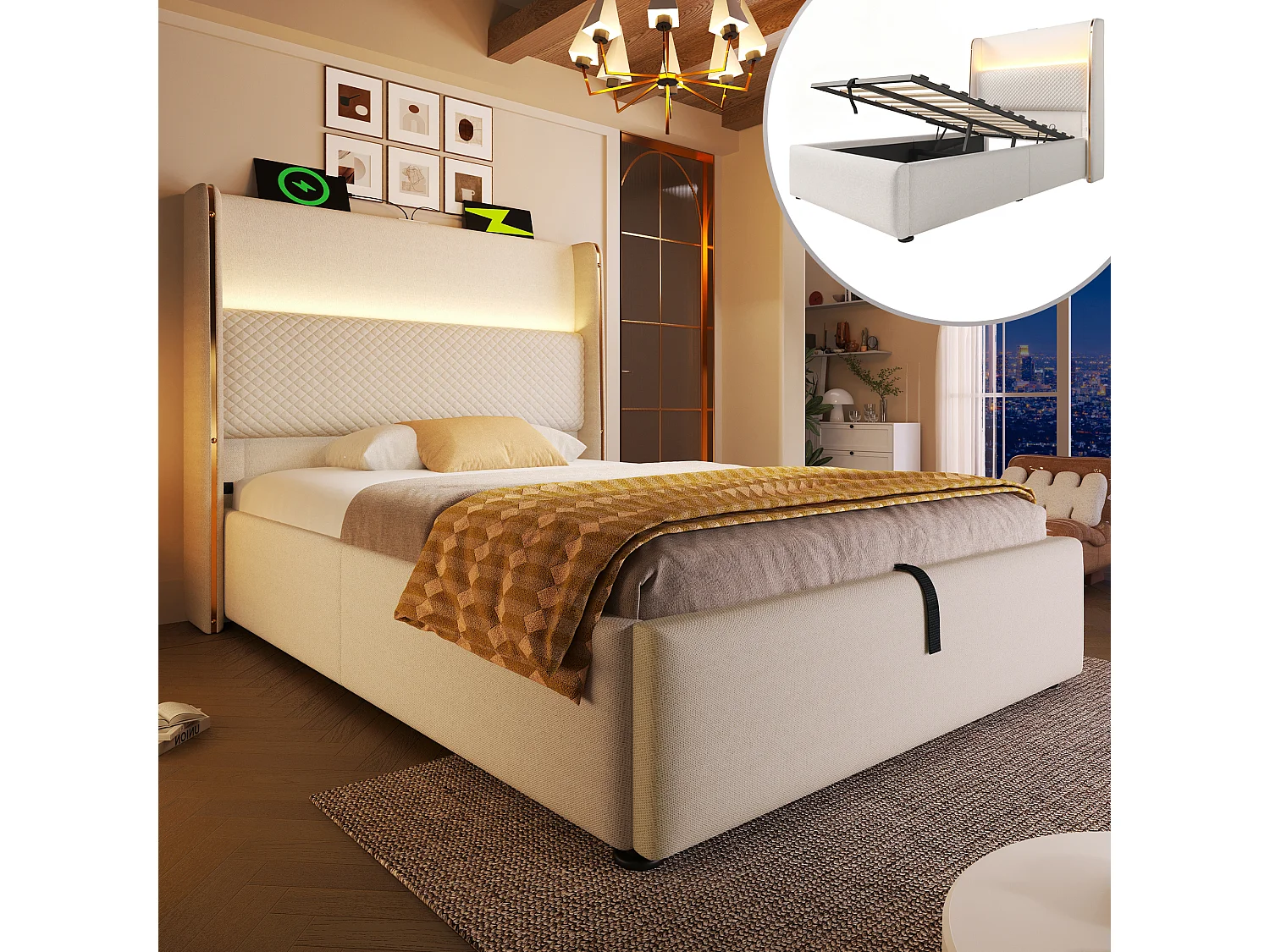 Łóżko z pojemnikiem 90 x 200 cm – łóżko pojedyncze z oświetleniem LED i portami USB/Type-C – beżowa pościel – materac nie jest wliczony w cenę 4762785 - obrazek 1