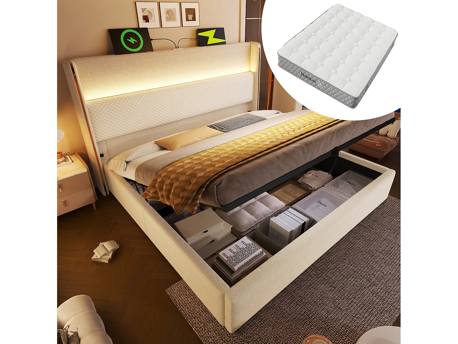 Łóżko z pojemnikiem 140 x 200 cm - Łóżko dla dorosłych z oświetleniem LED i portami USB/Type-C - beżowa pościel - materac w zestawie 4762795 - obrazek 1
