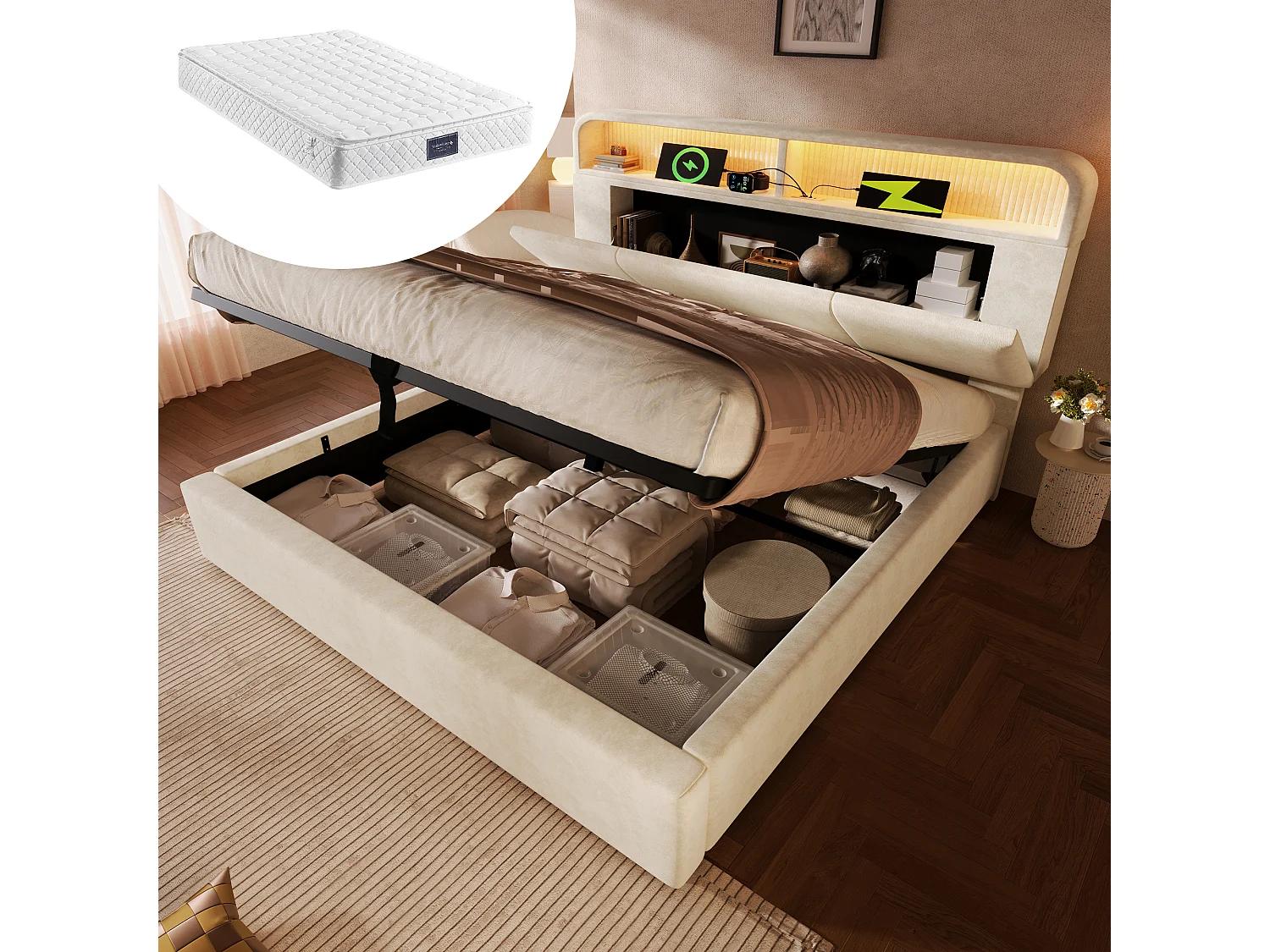 Łóżko z pojemnikiem 160 x 200 cm - Łóżko podwójne z oświetleniem LED i miejscem do przechowywania - welur beżowy - materac w zestawie 4762809 - obrazek 1
