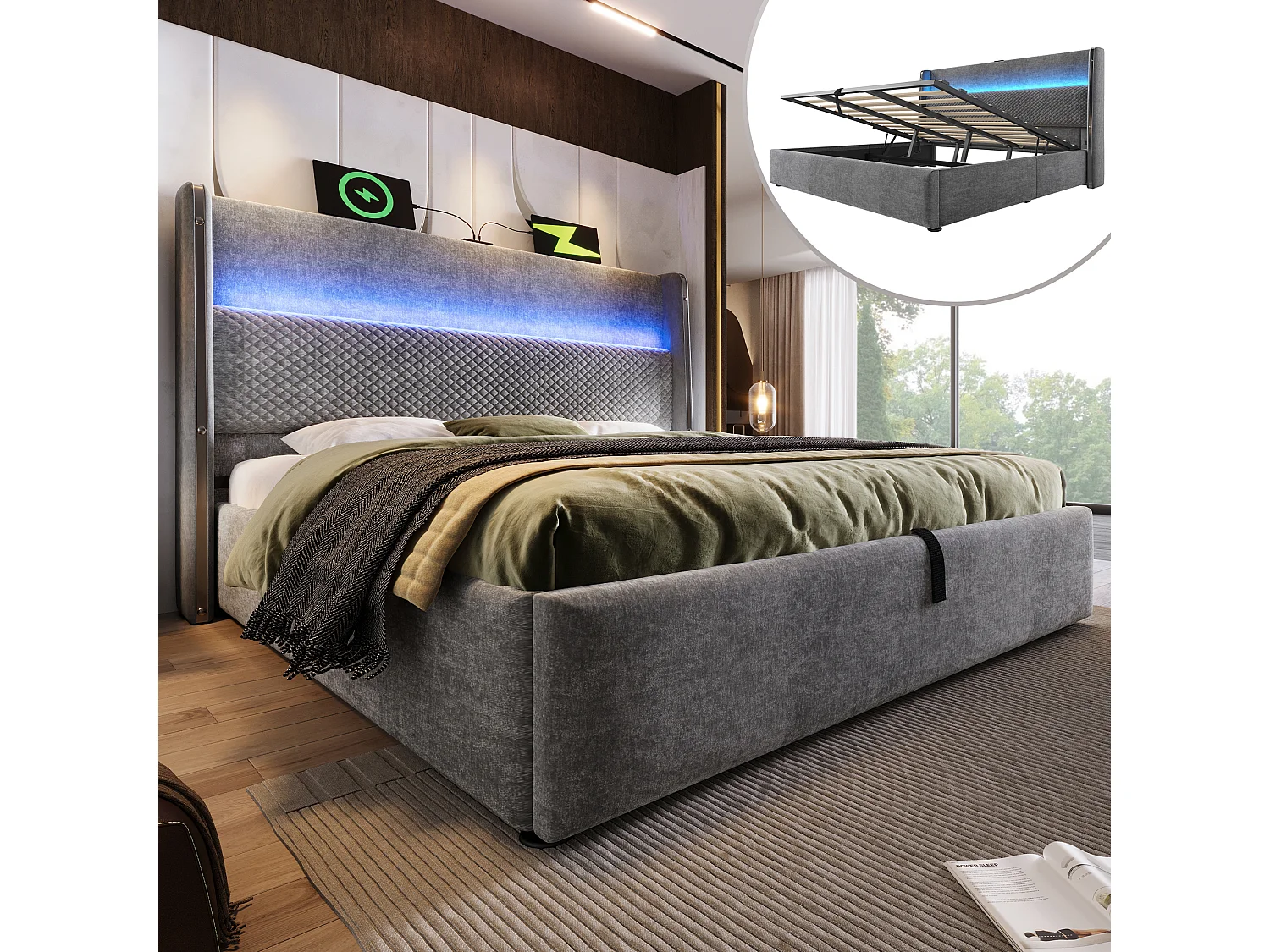 Łóżko z pojemnikiem 160 x 200 cm – Łóżko dla dorosłych z oświetleniem LED i portami USB/Type-C – len w kolorze szarym – materac nie jest wliczony w cenę 4762828