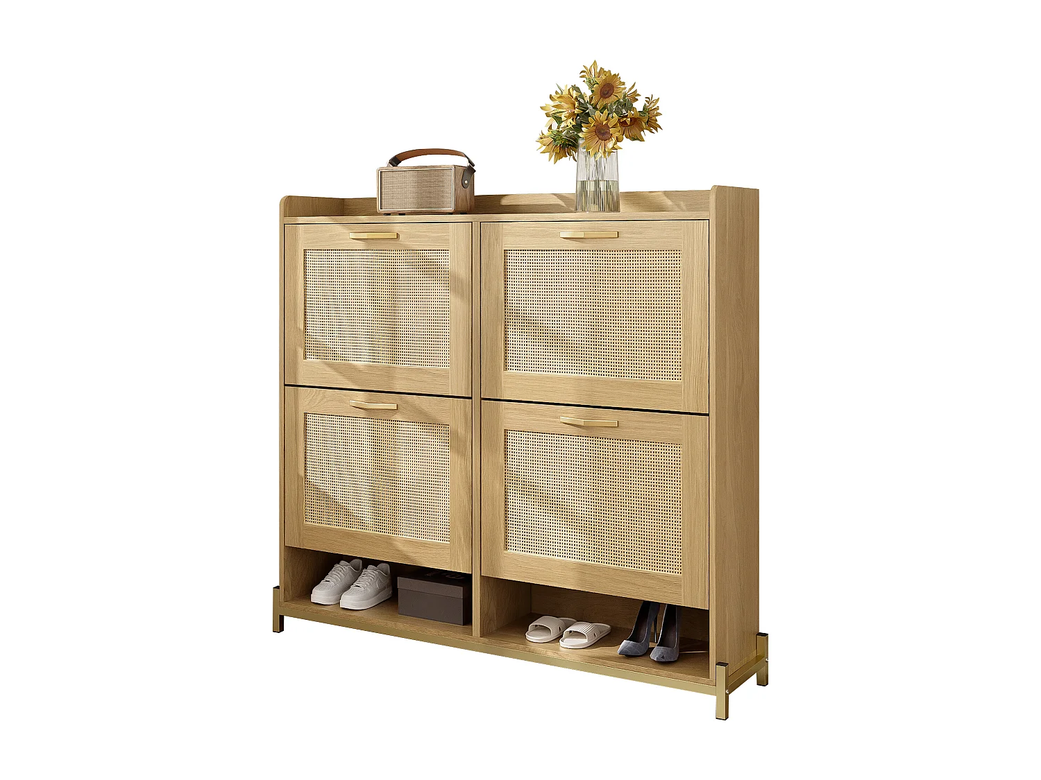 Drewniana szafka na buty z 4 drzwiami rattanowymi - 108,5 x 24 x 100 cm - rama metalowa - płyta MDF - naturalna 4771004 - obrazek 1