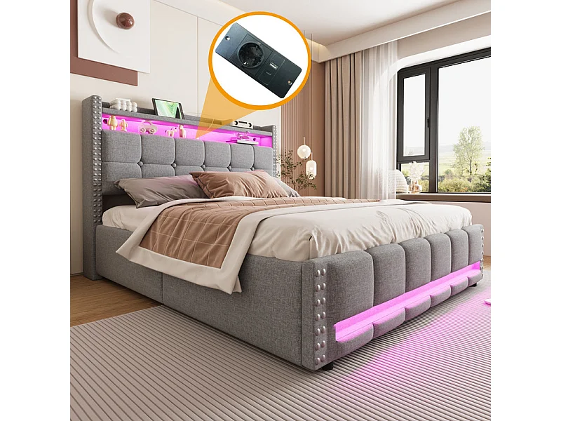 Łóżko z tapicerowanym zagłówkiem 160x200cm - z oświetleniem LED + gniazdem USB - z półkami - len - szary (materac nie jest w zestawie) 4030376 - obrazek 1