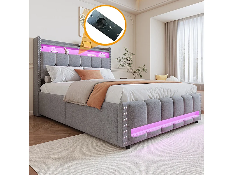 Łóżko z tapicerowanym zagłówkiem 140x200cm - z oświetleniem LED + gniazdem USB - z półkami - len - szary (materac nie jest w zestawie) 4030377 - obrazek 1