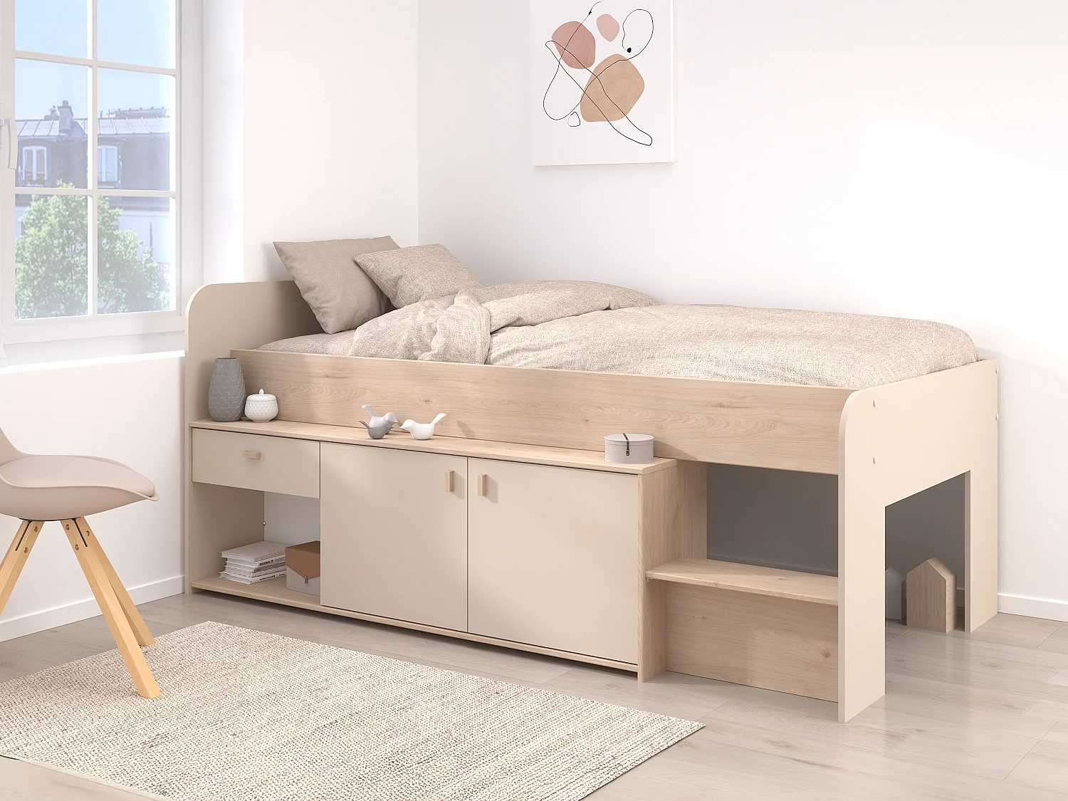 Łóżko podwyższone 90 x 190/200 cm z skrzynią - Beżowe i naturalne - LUNOBI 4466066 - obrazek 1