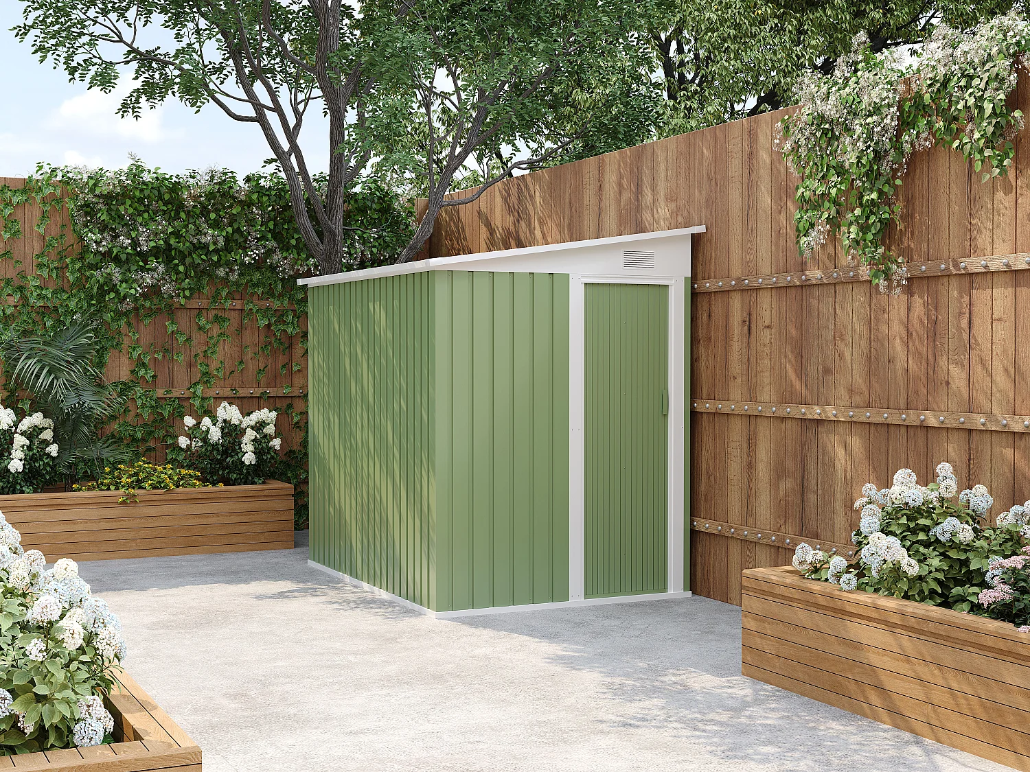 Przylegająca metalowa szopa ogrodowa z galwanizowanej stali w kolorze szałwiowej zieleni 3,15 m² – DAXTON 4319171