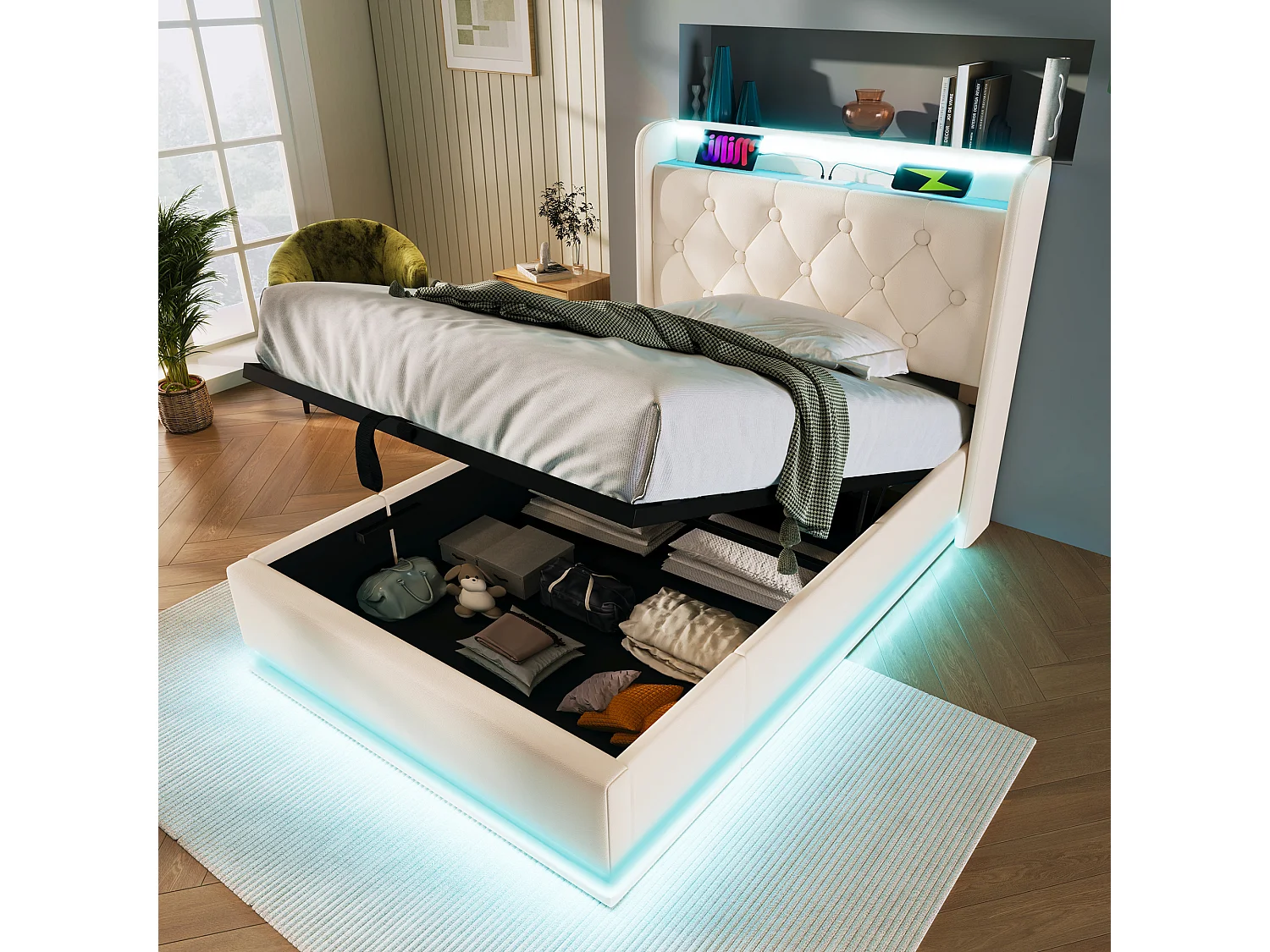Łóżko z pojemnikiem 90x200 cm, łóżko dziecięce z oświetleniem LED i portem USB typu C - białe PU (bez materaca) 4808320 - obrazek 1