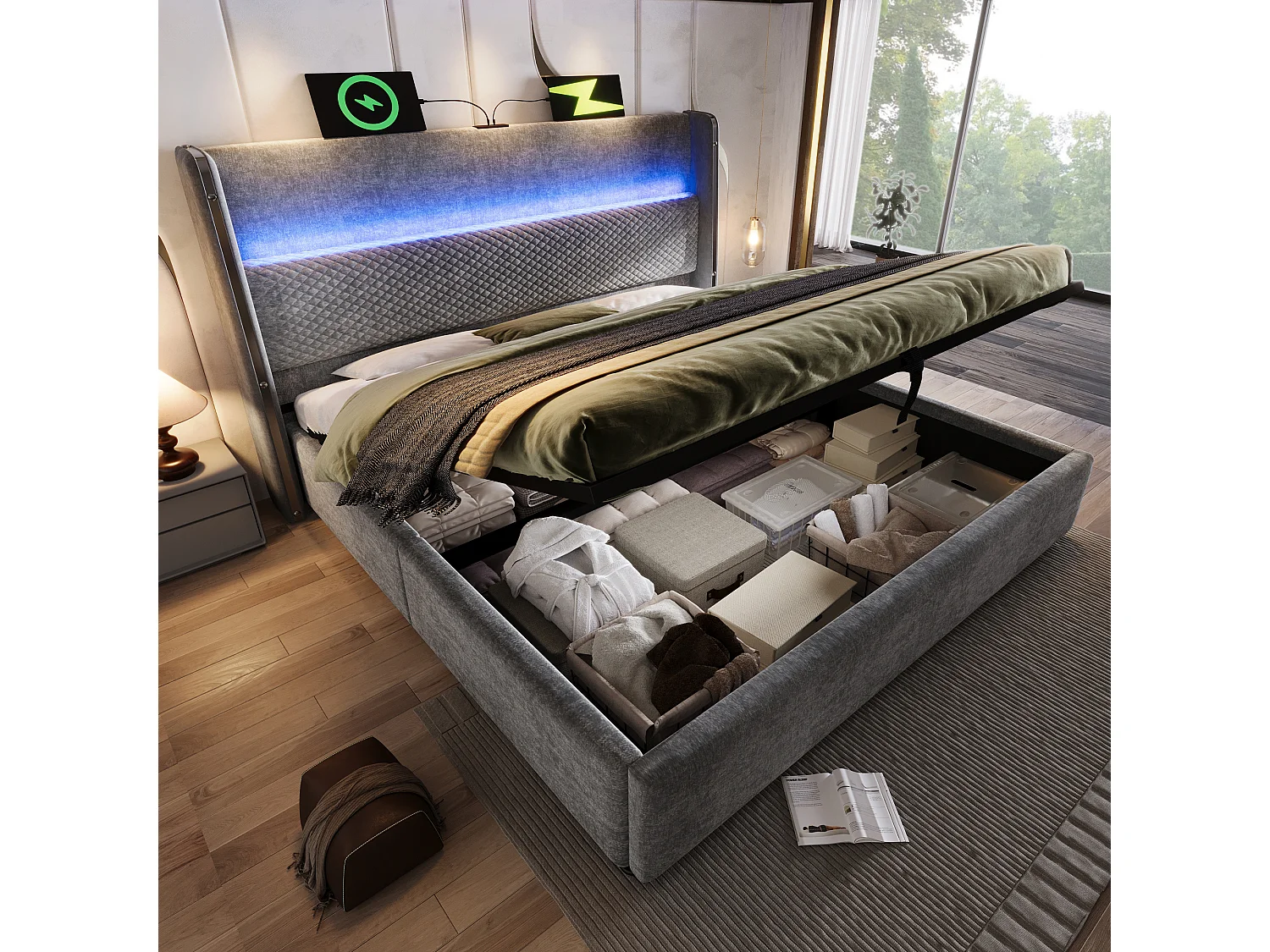 Łóżko z pojemnikiem 160x200 cm Łóżko dla dorosłych z USB i LED, tapicerowany zagłówek - szary len (bez materaca) 4808316 - obrazek 1