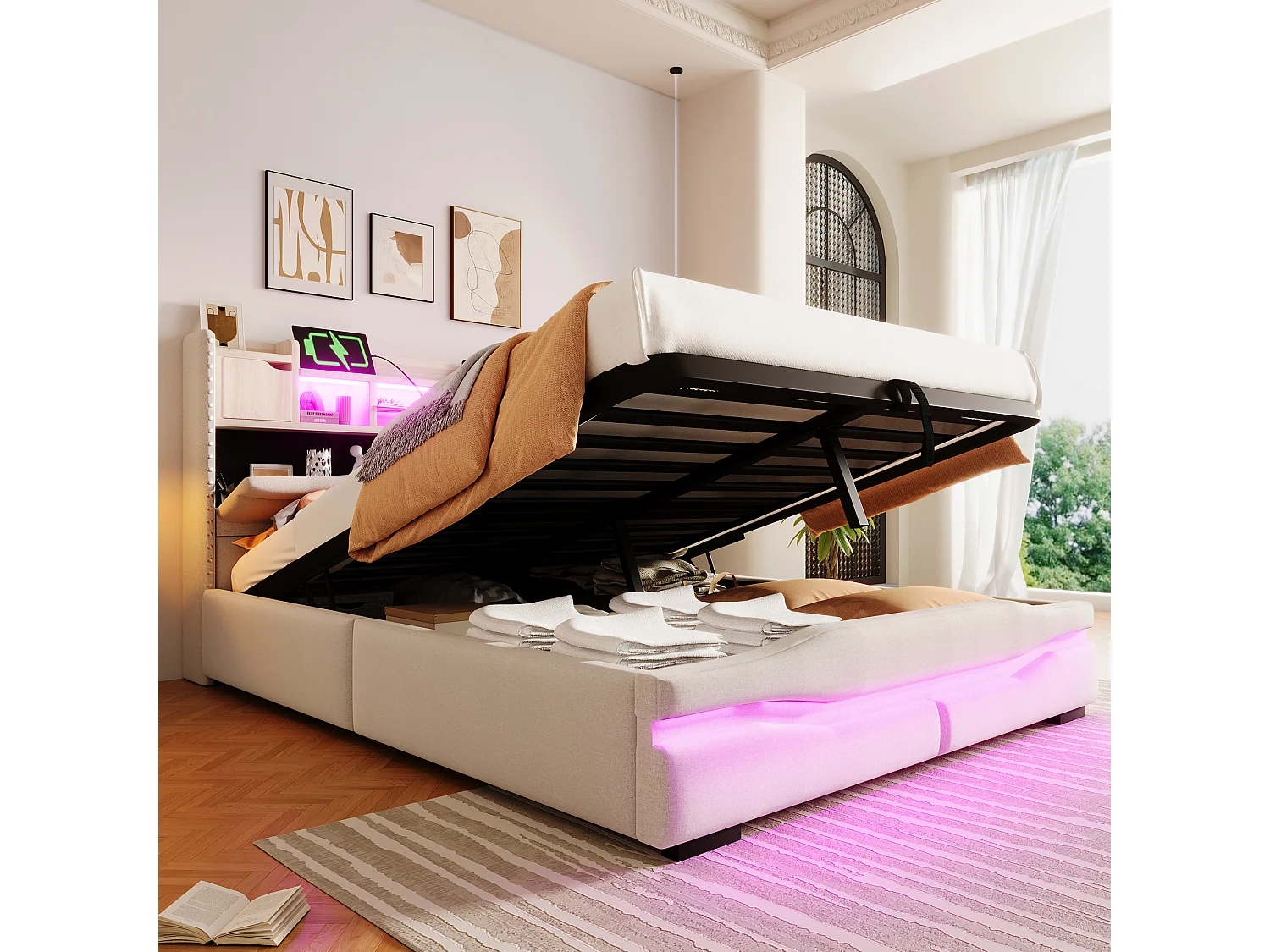 Łóżko z pojemnikiem 140x200 cm, łóżko dla dorosłych z USB i oświetleniem LED, zagłówek ze schowkiem - Beżowa len (bez materaca) 4808336 - obrazek 1