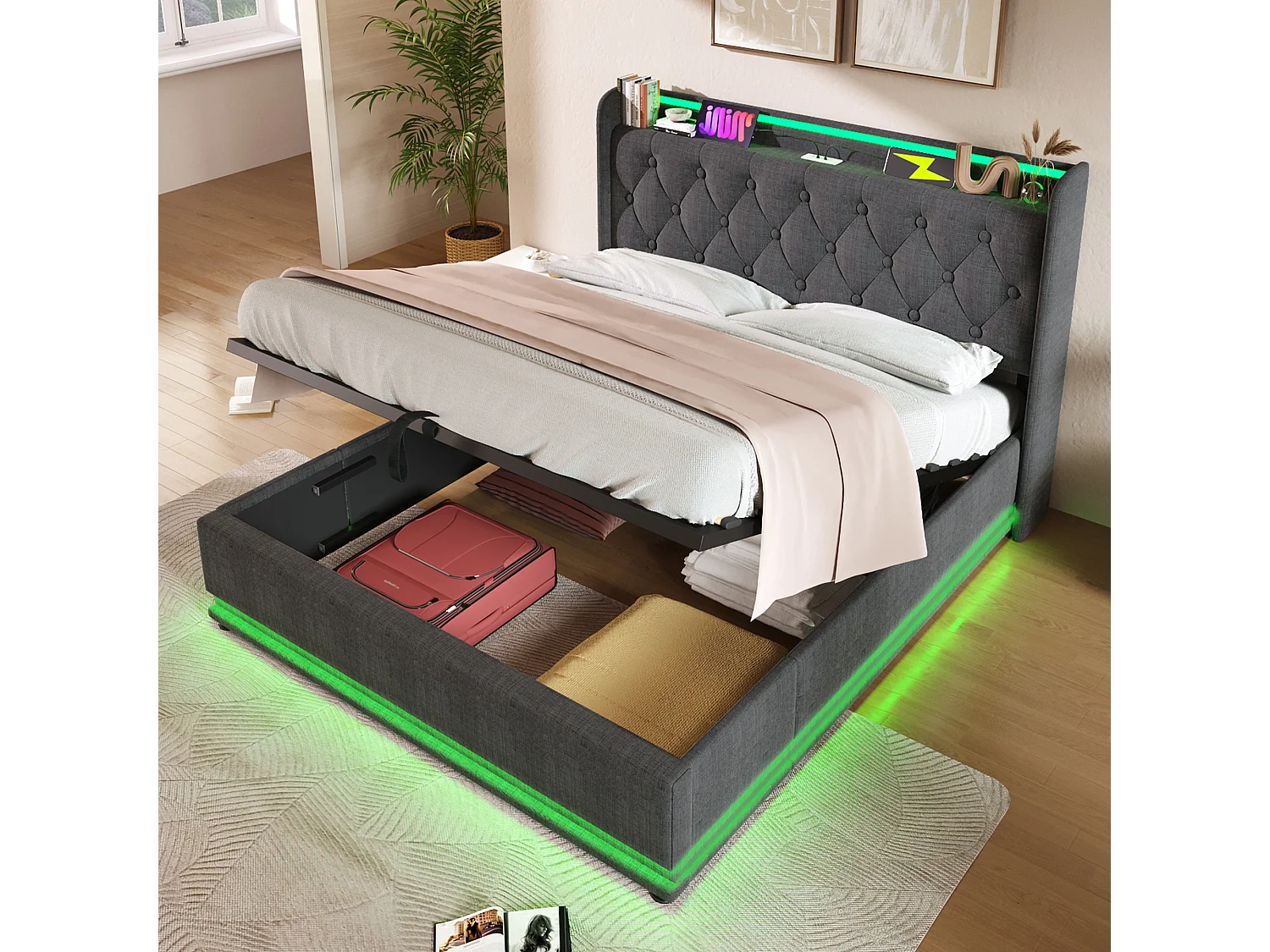 Łóżko z pojemnikiem 140x200 cm, łóżko dla dorosłych z oświetleniem LED i portem USB typu C - len szary (bez materaca) 4808344 - obrazek 1