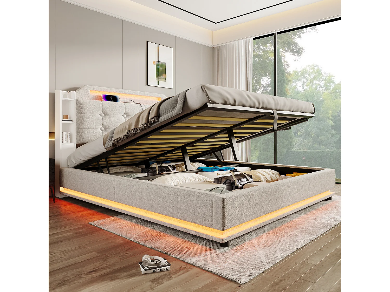 Łóżko ze schowkiem 140x200 cm Łóżko dla dorosłych z diodami LED i USB, tapicerowany zagłówek – beżowy len (bez materaca) 4808353 - obrazek 1