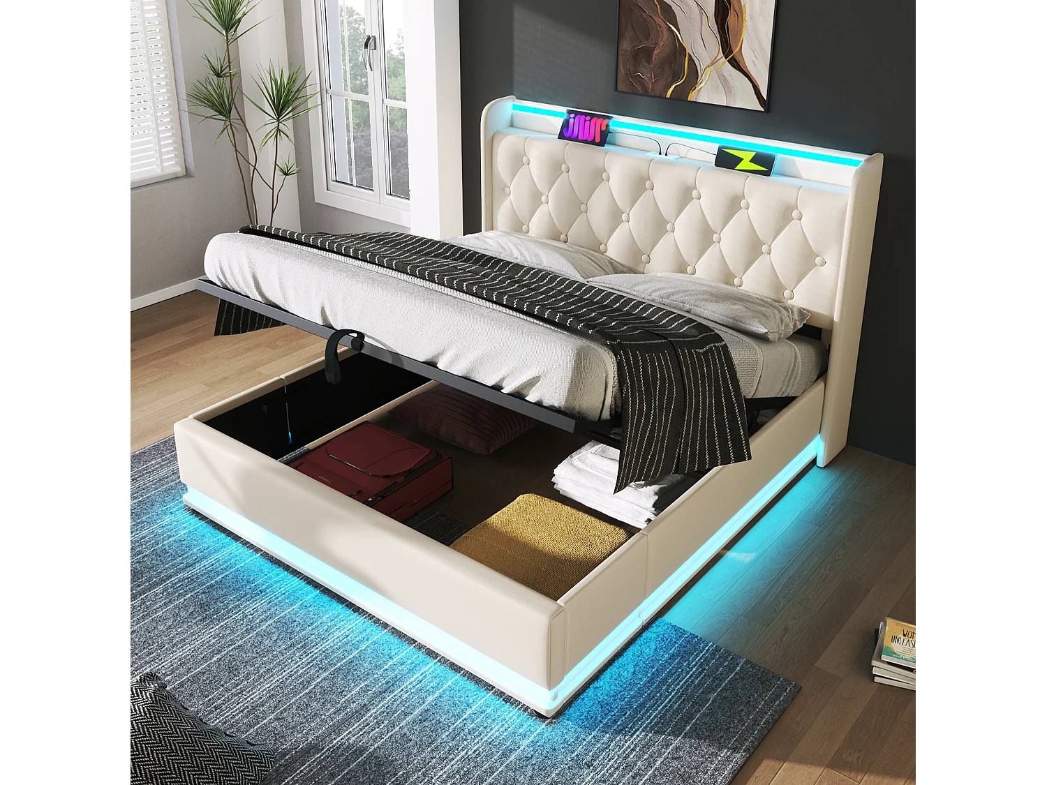 Łóżko z pojemnikiem 160x200 cm, łóżko dla dorosłych z oświetleniem LED i portem USB typu C - białe PU (bez materaca) 4808374 - obrazek 1