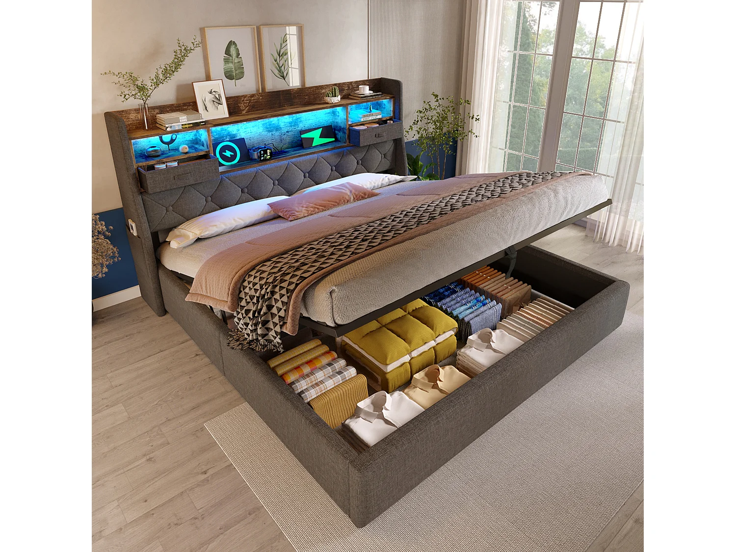 Łóżko ze schowkiem 160x200 cm, łóżko dla dorosłych z USB i LED, zagłówek ze schowkiem - Szary len (bez materaca) 4808381 - obrazek 1