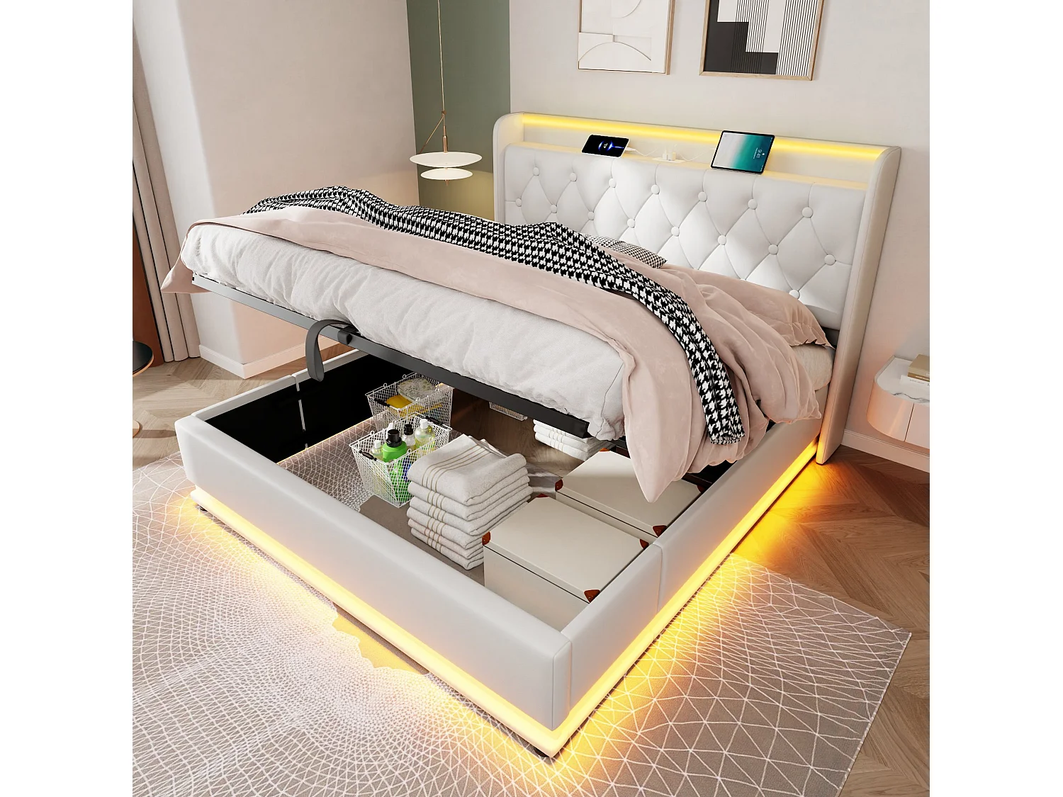 Łóżko z pojemnikiem 180x200 cm, łóżko podwójne z oświetleniem LED i portem USB typu C - białe PU (bez materaca) 4808383 - obrazek 1