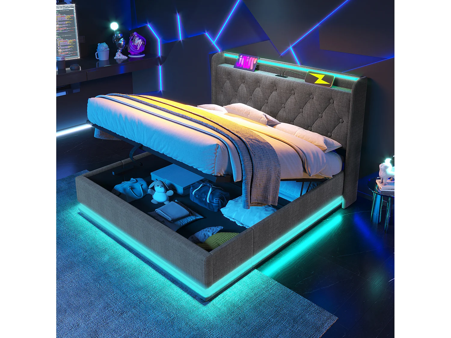 Łóżko z pojemnikiem 180x200 cm, łóżko podwójne z oświetleniem LED i portem USB typu C - len szary (bez materaca) 4808395 - obrazek 1