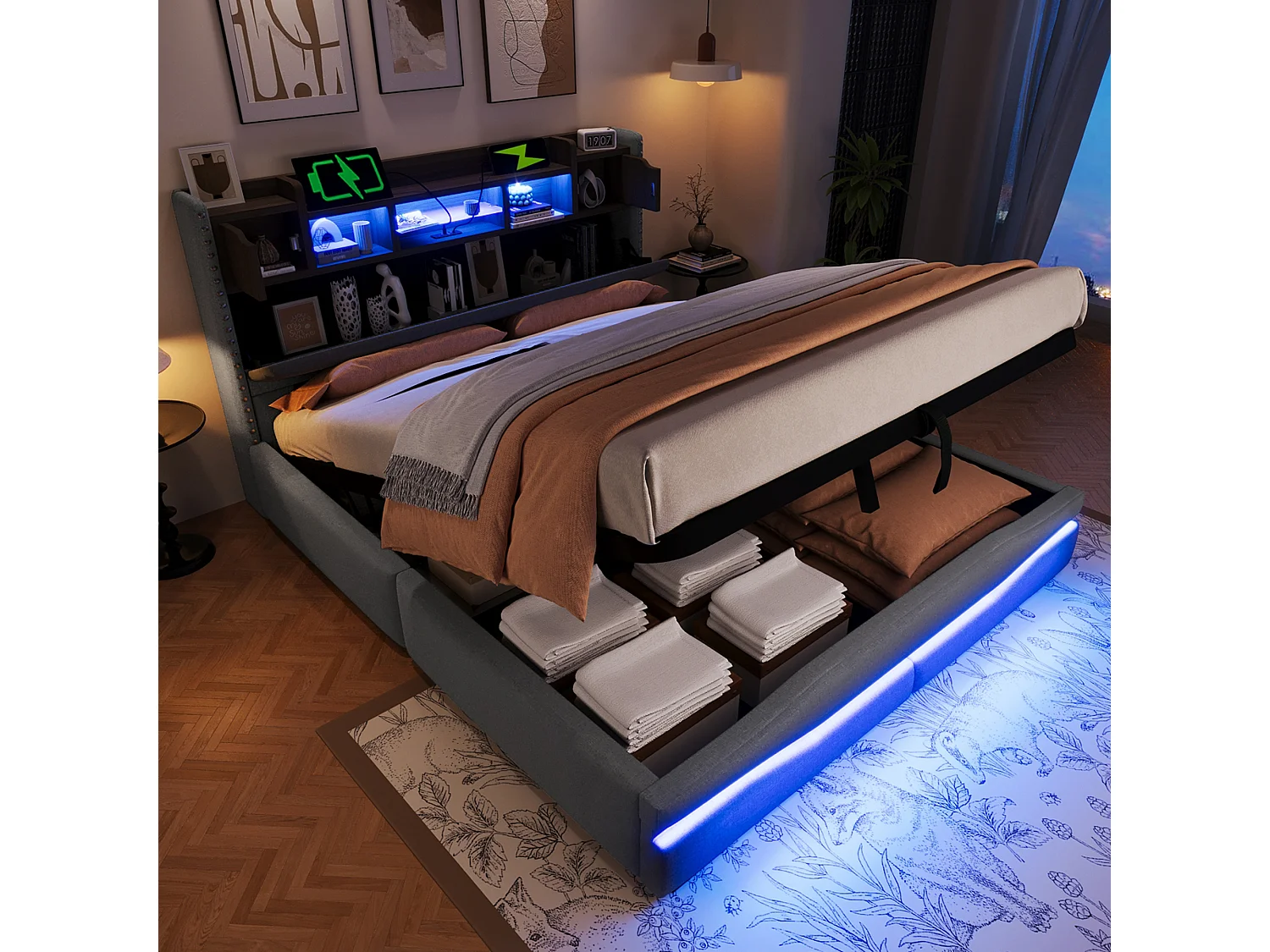 Łóżko z pojemnikiem 160x200 cm, łóżko dla dorosłych z USB i oświetleniem LED, zagłówek ze schowkiem - Szara len (bez materaca) 4808401 - obrazek 1