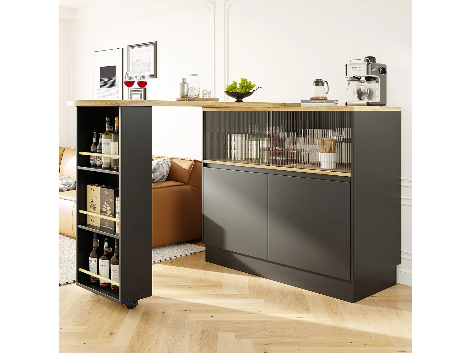 Czarna kredens, kredens kuchenny z 2 szklanymi drzwiami i 2 drzwiami z płyty MDF, obrotowy blat 4808647